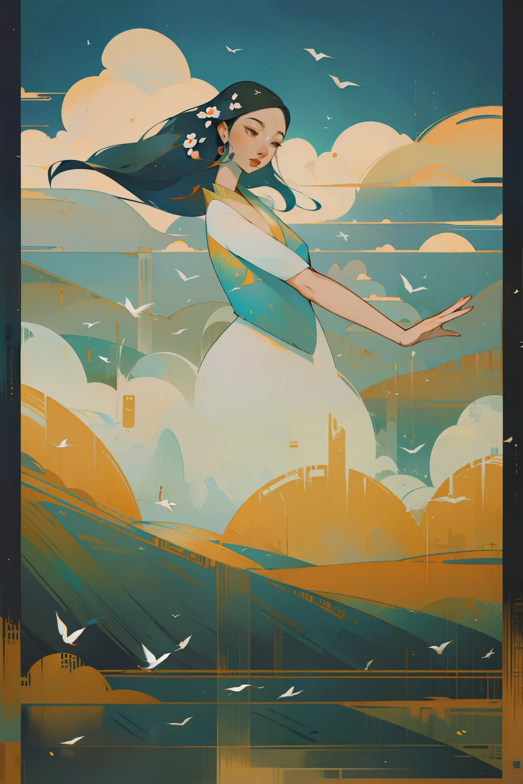 A woman is dancing，Flying Dance，Flying water casing，Flowing placket，joyful expressions，A vast scene in the center of the composition, Best lenses, Dunhuang murals、 mountain water、palaces、high detal、Birds、floating cloud，Fine lines，Best quality, Masterpiece, (Realistic:0.6), realisticlying,Flower frame， Decorative panels， abstract artistic。