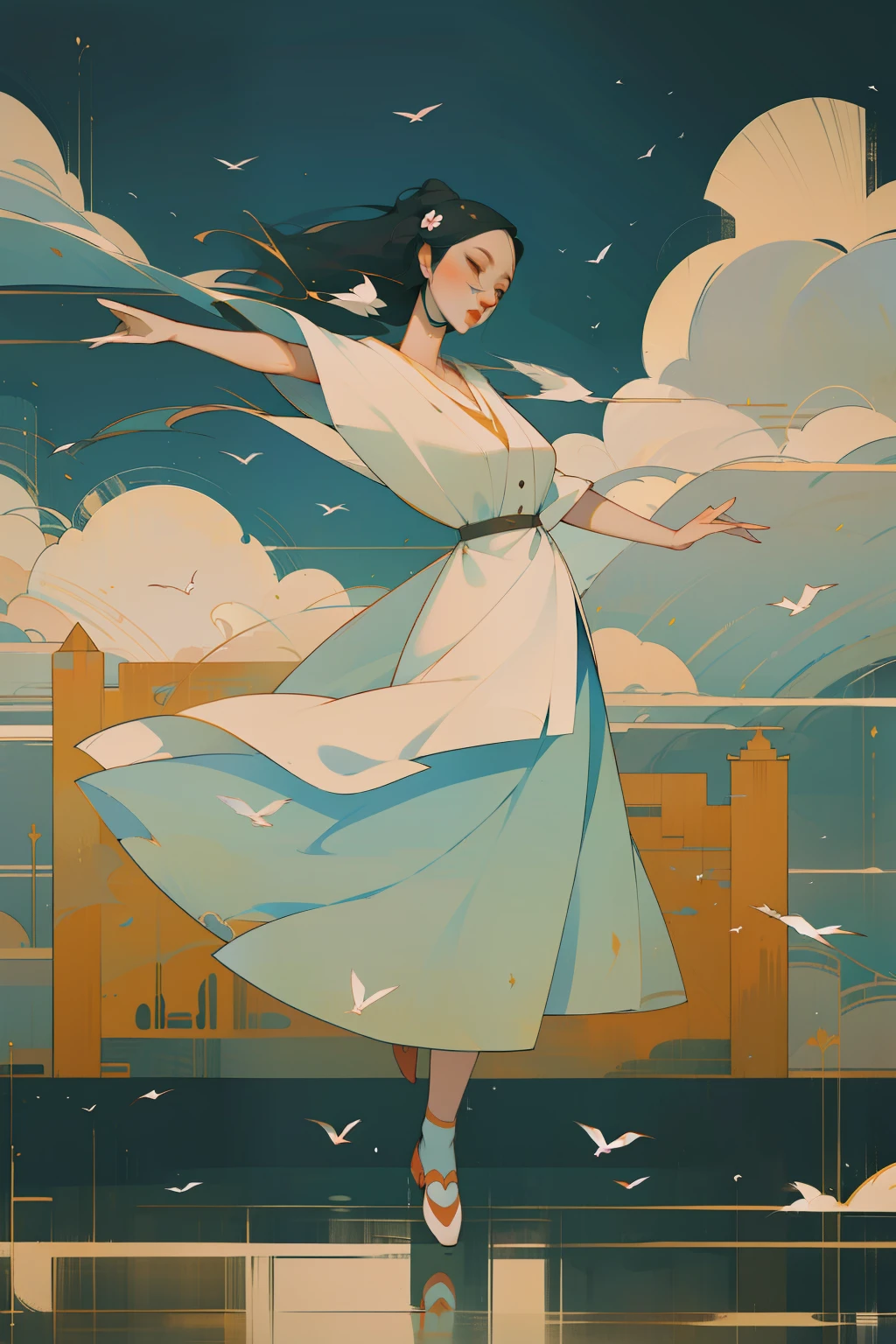 A woman is dancing，Flying Dance，Flying water casing，Flowing placket，joyful expressions，A vast scene in the center of the composition, Best lenses, Dunhuang murals、 mountain water、palaces、high detal、Birds、floating cloud，Fine lines，Best quality, Masterpiece, (Realistic:0.6), realisticlying,Flower frame， Decorative panels， abstract artistic。