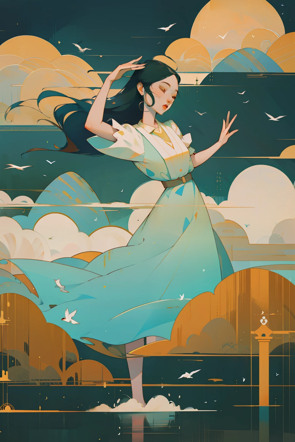 A woman is dancing,Flying Dance,Flying water casing,Flowing placket,joyful expressions,A vast scene in the center of the composition, Best lenses, Dunhuang murals、 mountain water、palaces、high detal、Birds、floating cloud,Fine lines,Best quality, Masterpiece, (Realistic:0.6), realisticlying,Flower frame, Decorative panels, abstract artistic。