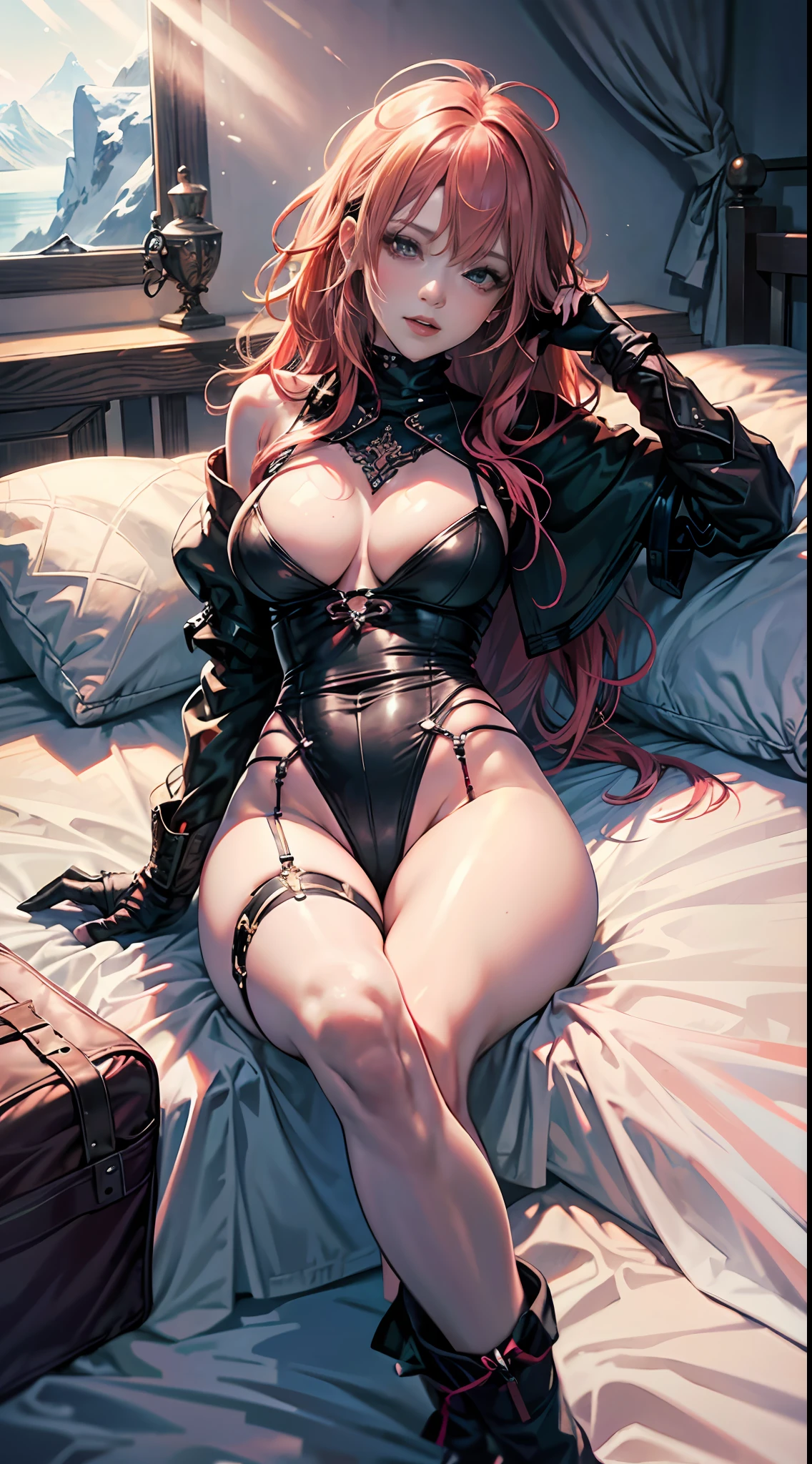 Nasty screen,Snowy peaks towering,Pink skin,Erotic black silk,Lace trim,Light and thin exposure,Creamy exposed,Deep cleavage,Big red bed,Late at night,Ambiguous lighting,Long legs apart,Smooth skin,Tender and creamy,Scarlet little mouth,Sit at the head of the bed,Brace the bed with both hands,Head back,Debauchery,Waiting for love --auto
