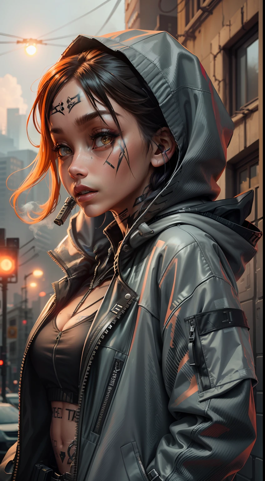 1Girl(techwear jacket,hood,neck tattoos and arm tattoos) in post-apocalypse world with a robot, ruined city, smoke, fog, lights