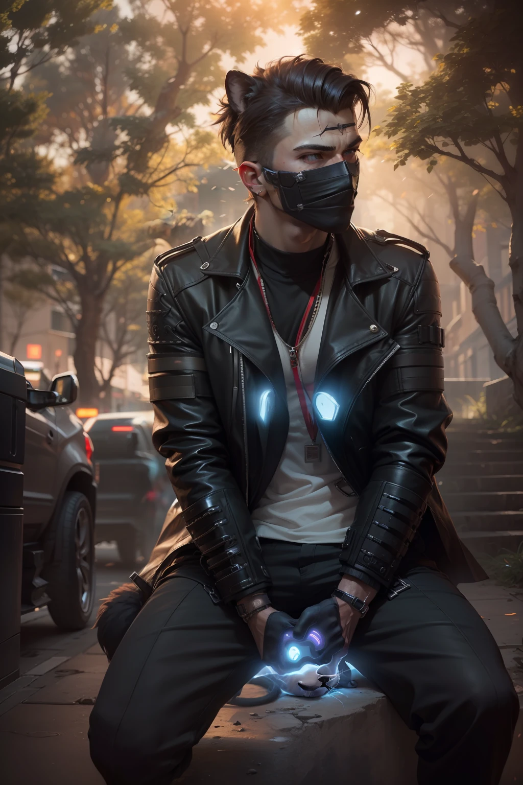 Change background cyberpunk handsome boy. Reallistic face. 8k,ultra realistic. With lion.