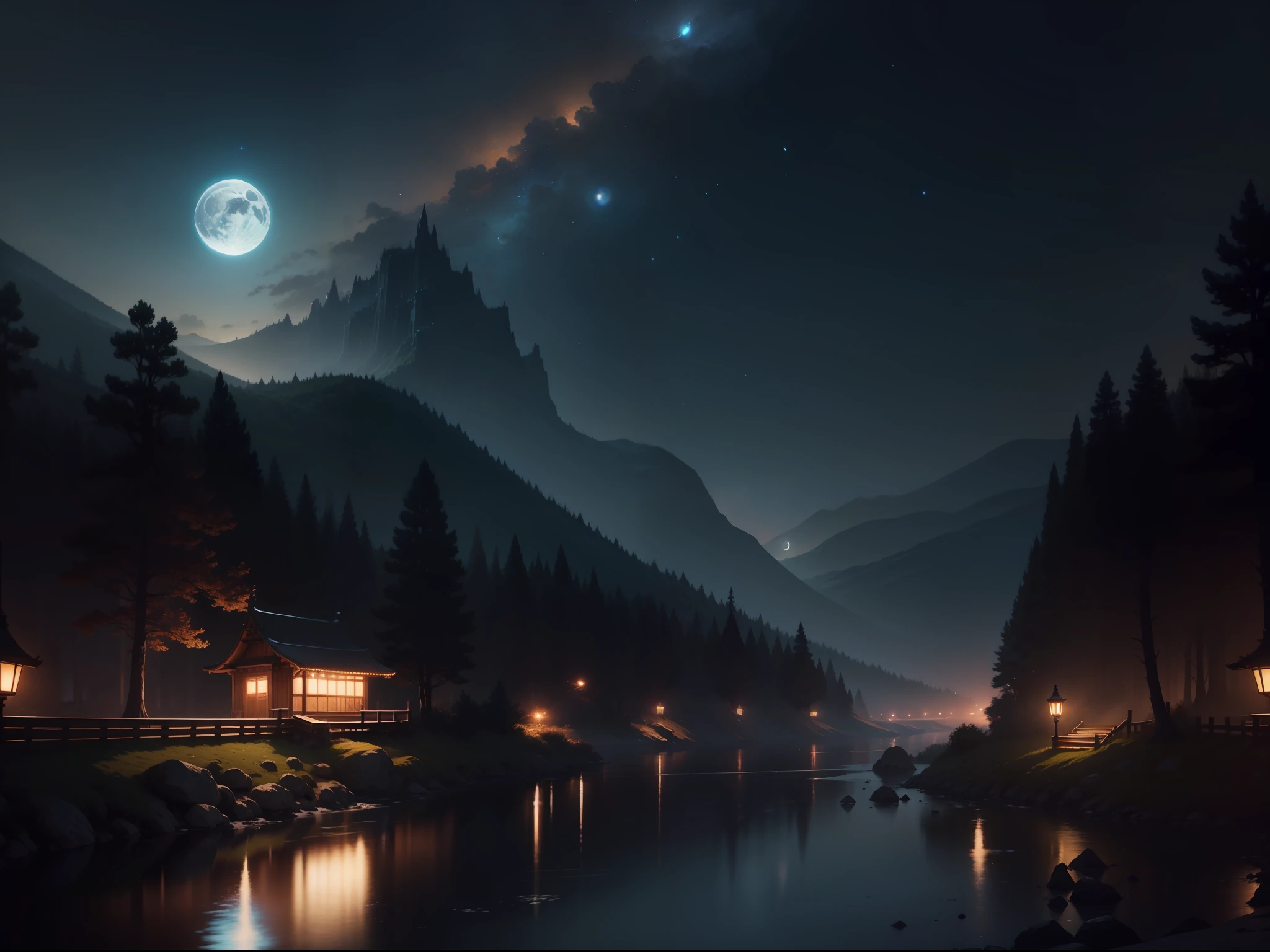 Painting of a river with stars and moon in the sky、Concept art inspired by Mitsuoki Tosa、pixiv contest winners、top-quality、Fantasyart、beautiful anime scene、Bright moon、Moonlit star environment、Dream painting、Anime Background Art、Fantasy landscape art、fantasy knight、anime backgrounds、background artwork、Fantastic art、atmospheric anime、starrysky、Detail has been enhanced。Lots of stars