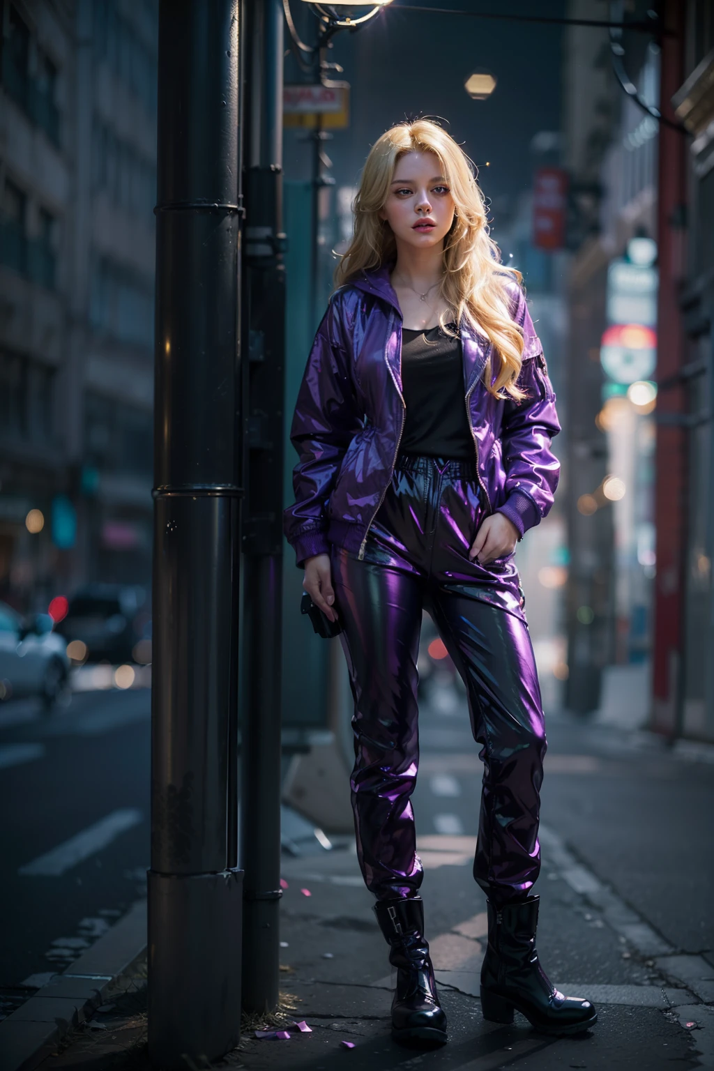 (
(Character: one escapist woman, russian traits, long wave hair, blonde hair, lean body)
(Clothing: purple jacket, jumpsuit, leg holster, boots)
(Pose: full body shot:1.7, dynamic pose)
(blurry, intense urban lights in background)
(Style: ((masterpiece:1.5)), (face detailed), photo-realistic:1.3, hyperrealistic, foggy, high contrast, shiny skin, soft lighting, backlighting, bloom, light sparkles, chromatic aberration)