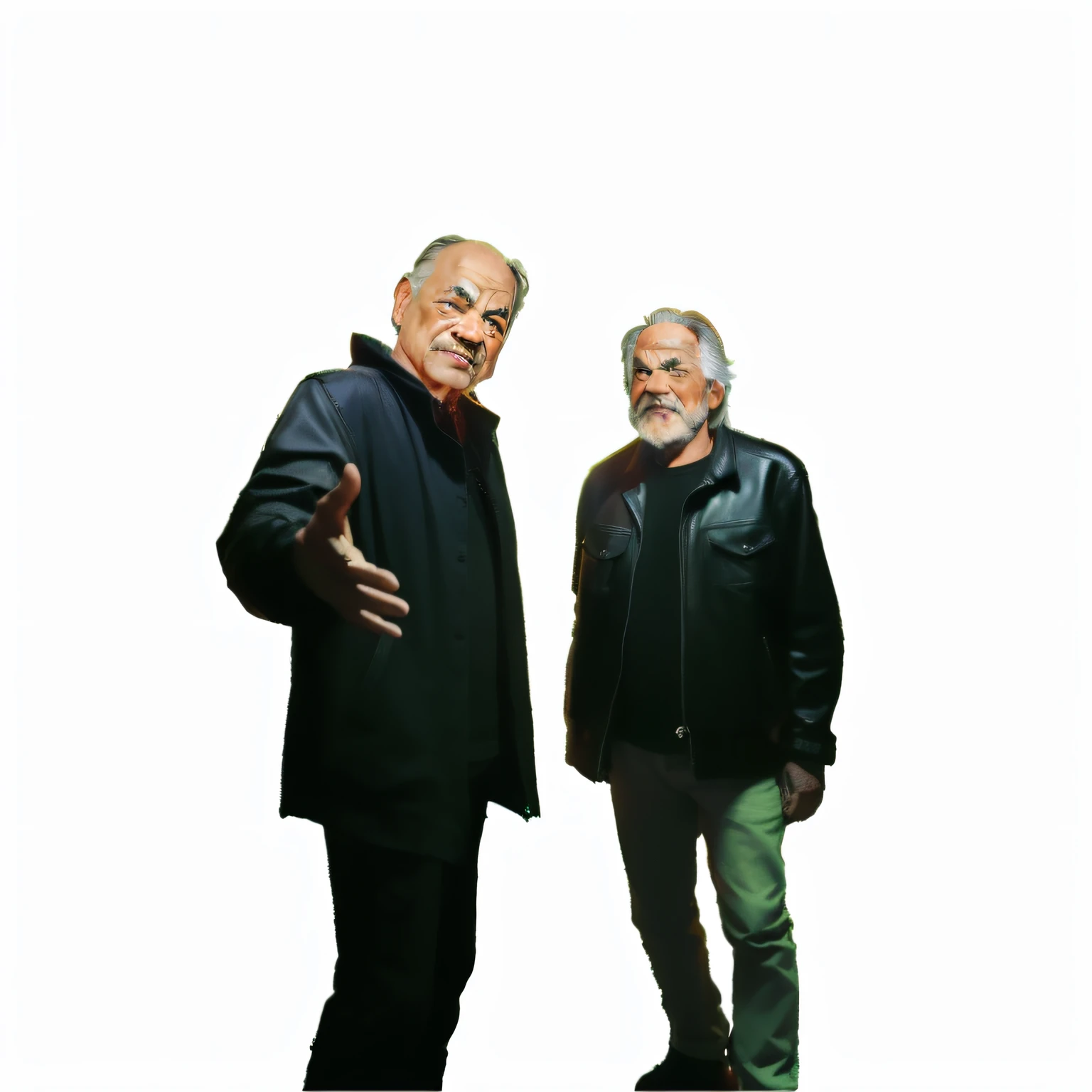 two men wearing leather jackets and standing in front of a large group of marijuana plants, portrait of cheech and chong, (extremely detailed CG unity 8k wallpaper, masterpiece, best quality, ultra-detailed), (best illumination, best shadow, dynamic angle, dynamic pose),