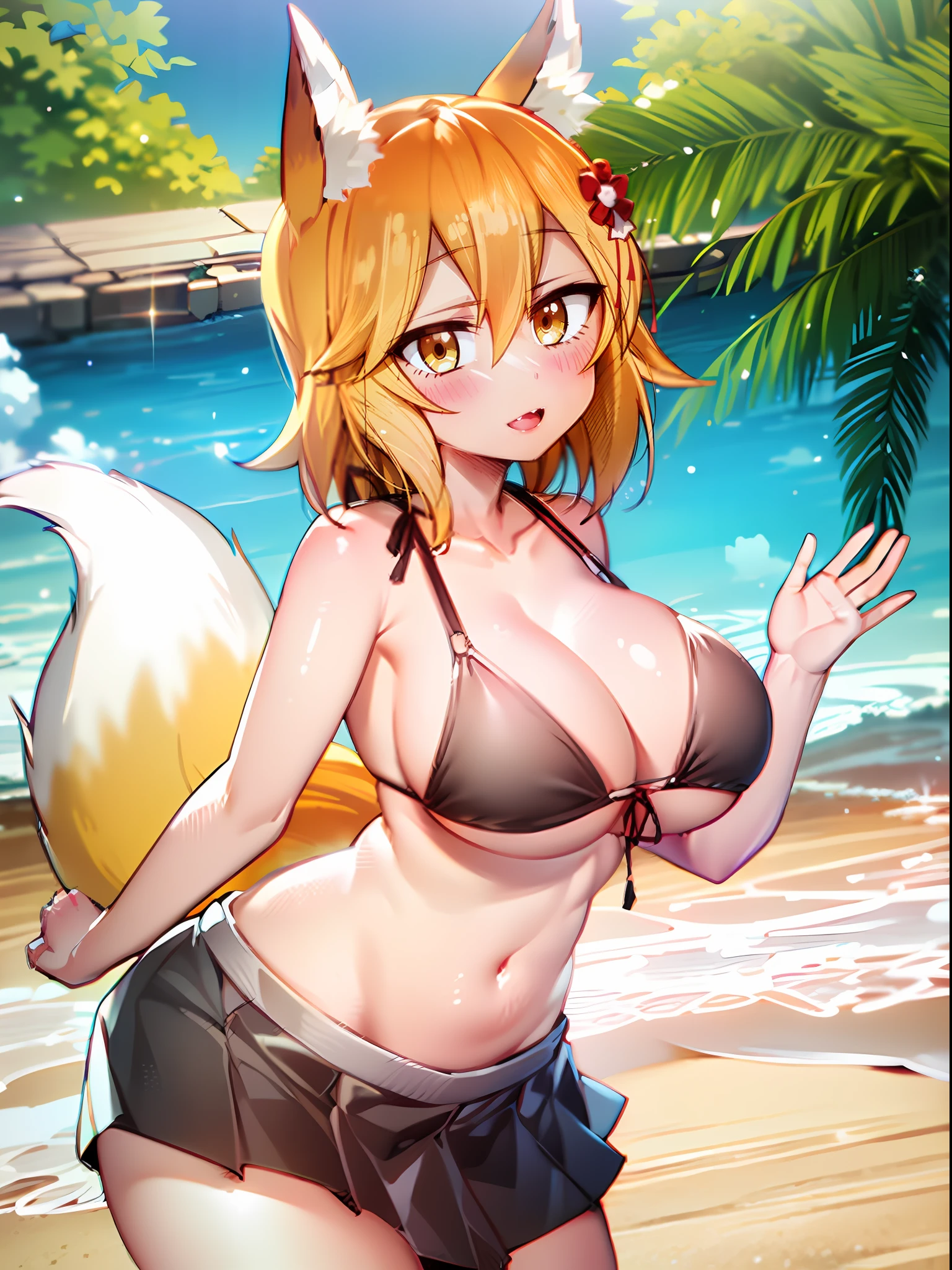 Create character artwork, Senko-san, umbigo exposto, barriga exposta, seios muito grandes, na praia, wearing a black bra, coxas macias.