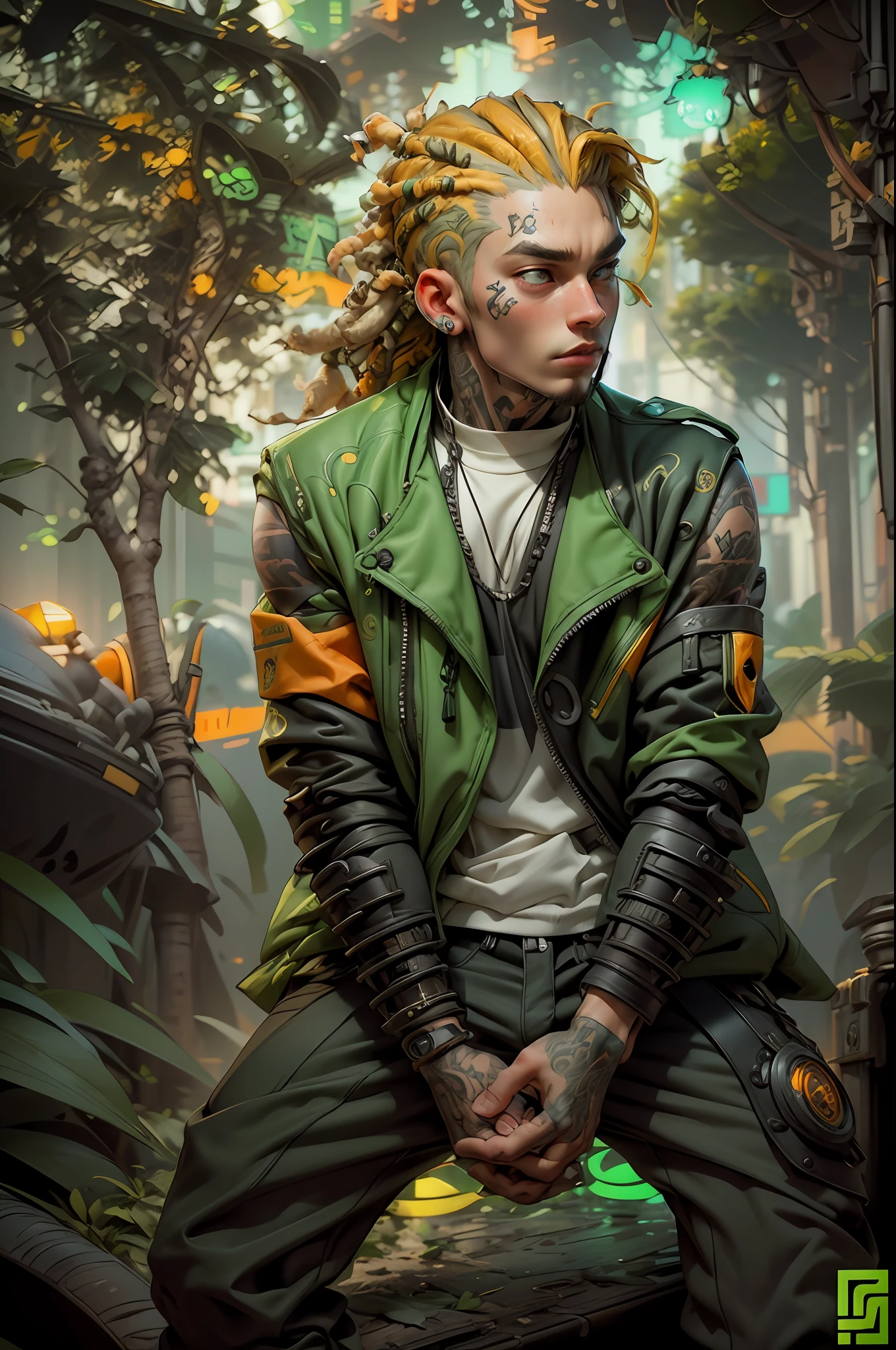 green:1.5, orange:1.1, white:1.3, yellow:1.3, (rapper with dread hair),tattoosfer clothes:1.2),abstract lines and circles background. Cyberpunk handsome boy real face and realistic real real onl real face plz please real face face matching