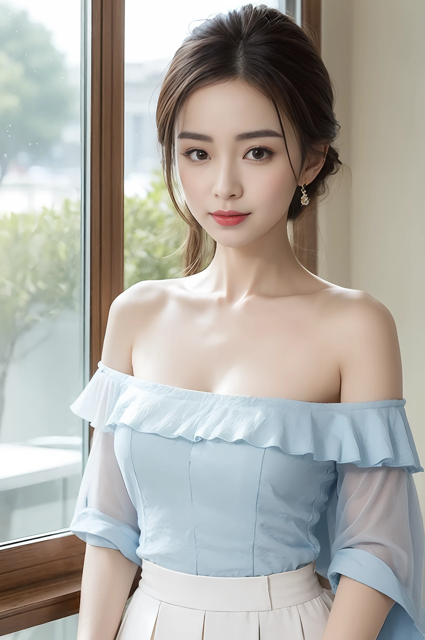 Yang Mi, a beautiful and charming woman in fashion trends, gentle and lovely Chinese beautiful woman, delicate and sexy collarbone, charming goose egg face, double eyelids, smart peach blossom eyes, pink lips, small upturned nose, bare shoulders, focused face, close-up of the face, ultra-high definition, super details, full-body photo, ultra-thin translucency, white off-the-shoulder shirt and light blue split skirt perfectly echo, fresh and good, can be seen