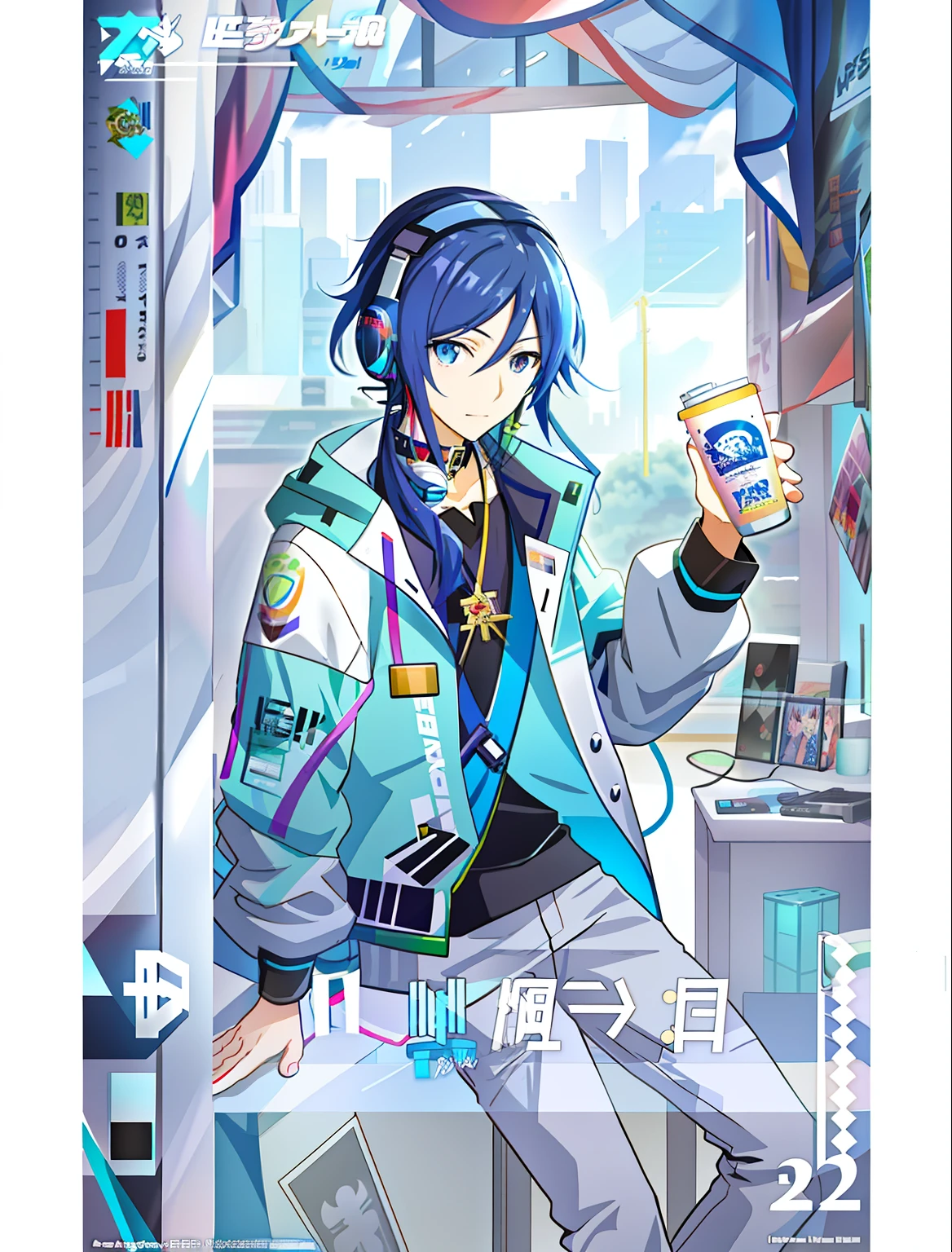 Anime characters with headphones and drinks in the room, 2 d anime style, Official artwork, anime moe art style, live2d virtual youtuber model, shigenori soejima illustration, Digital anime illustration, From Arknights, Smooth anime CG art, High Quality Anime Art Style, trading card, Anime boy, Anime style artwork, Detailed key anime art