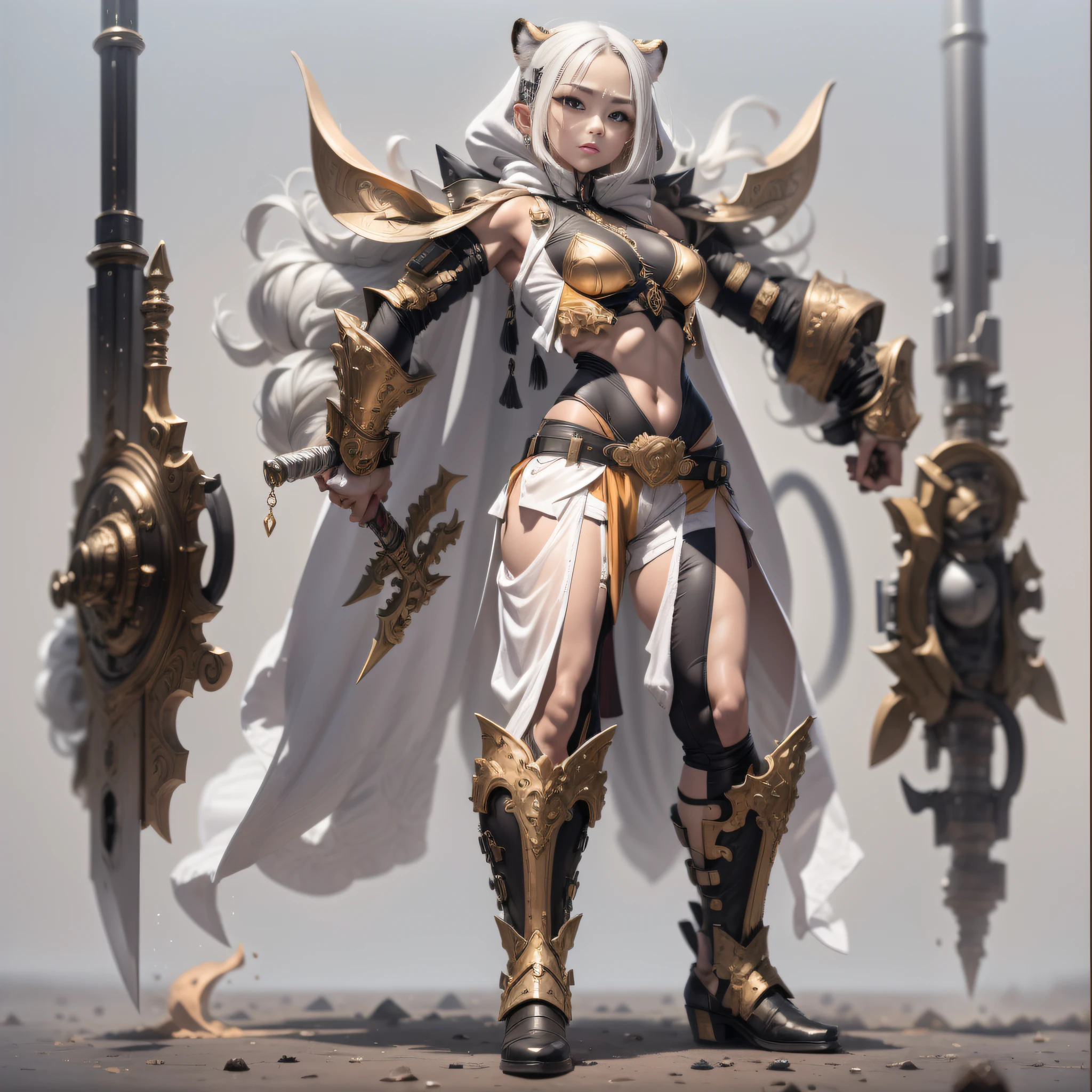 Copper model，Tiger hood， Silver weapons，Half body side， Weapons of the future， 32K, Linen cloak, Top quality, Masterpiece:Faust，,1 child， short detailed hair， thin fog， （tmasterpiece，k hd，hyper HD，16k）,clutching a sword，blood sky， Brunette knife， Shorts smoke， ， 独奏，Ivory white background