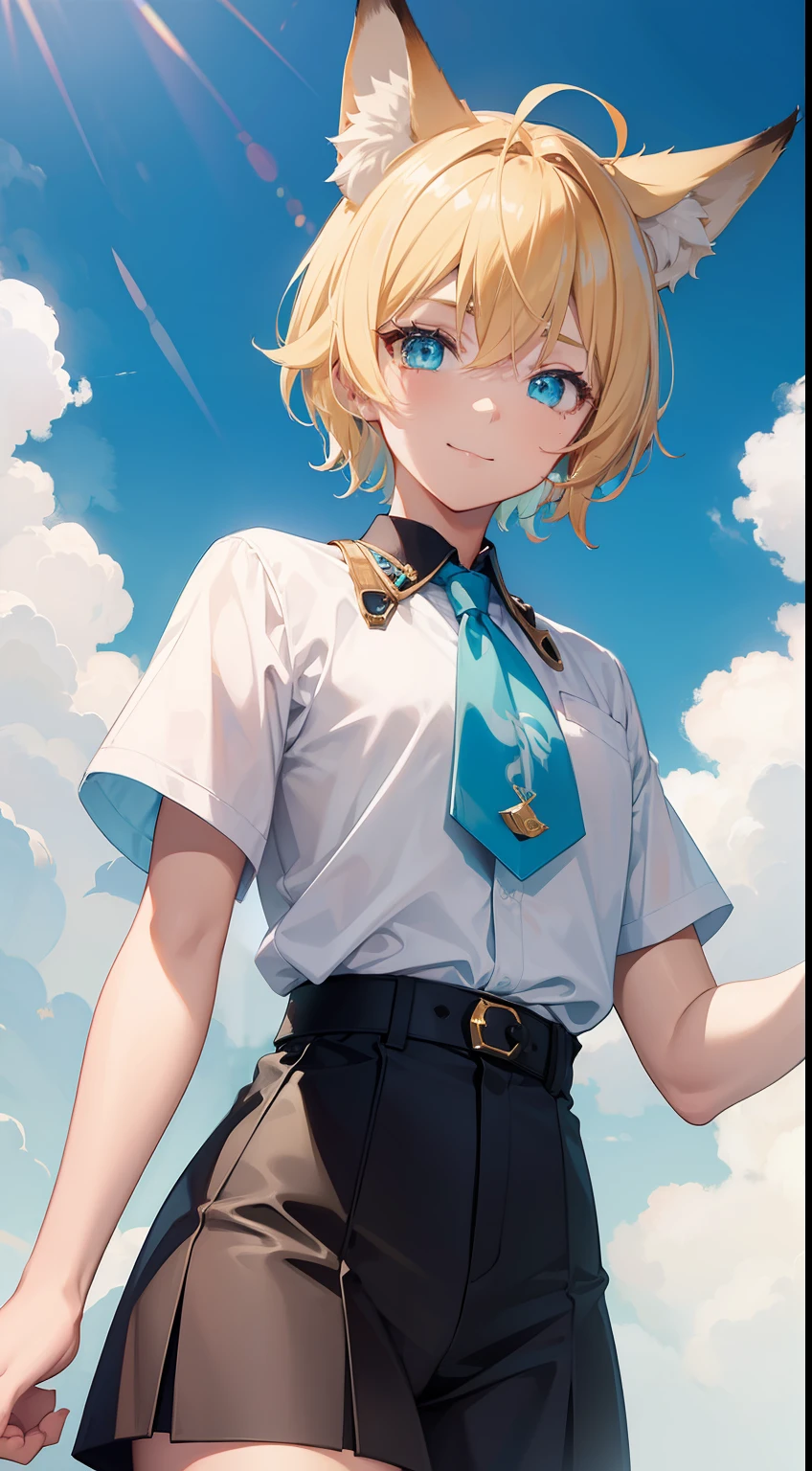 Young guy, short blonde hair, Fox ears, Cyan eyes, pop-idol, ssmile, Masterpiece, hiquality