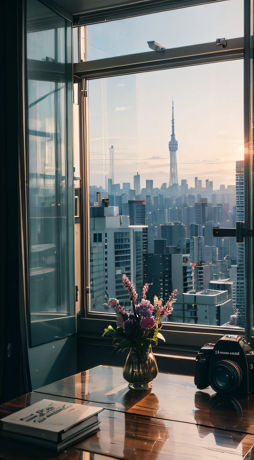 small room, nice tokyo view, morning, peaceful, tidy, 8k uhd, dslr, soft lighting, high quality, film grain, Fujifilm XT3 on the table