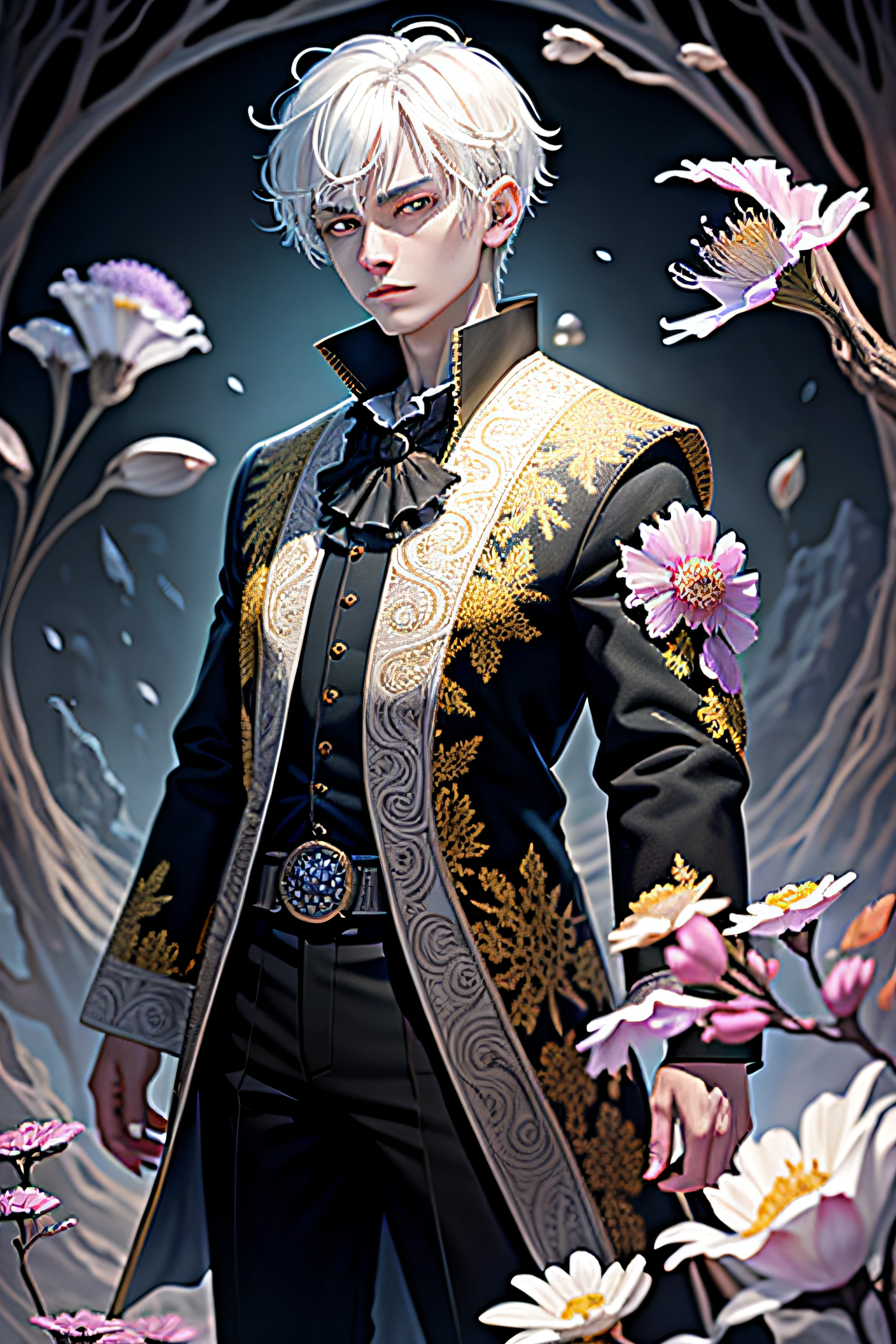 Realistic, (Masterpiece, Top Quality, Best Quality, Official Art, Beauty and Aesthetics: 1.2), Very Detailed, Fractal Art, Colorful, Most Detailed, Zentangle, (Abstract Background: 1.5) (1boy: 1.3), God, White Hair, Short Hair, (Glowing Red Eyes), Mysterious, (Magic), Ice, Handsome Man, ((Other Shore Flower, Garlic)), Yellow Spring, Hell, Soul Ferryman, Ghost