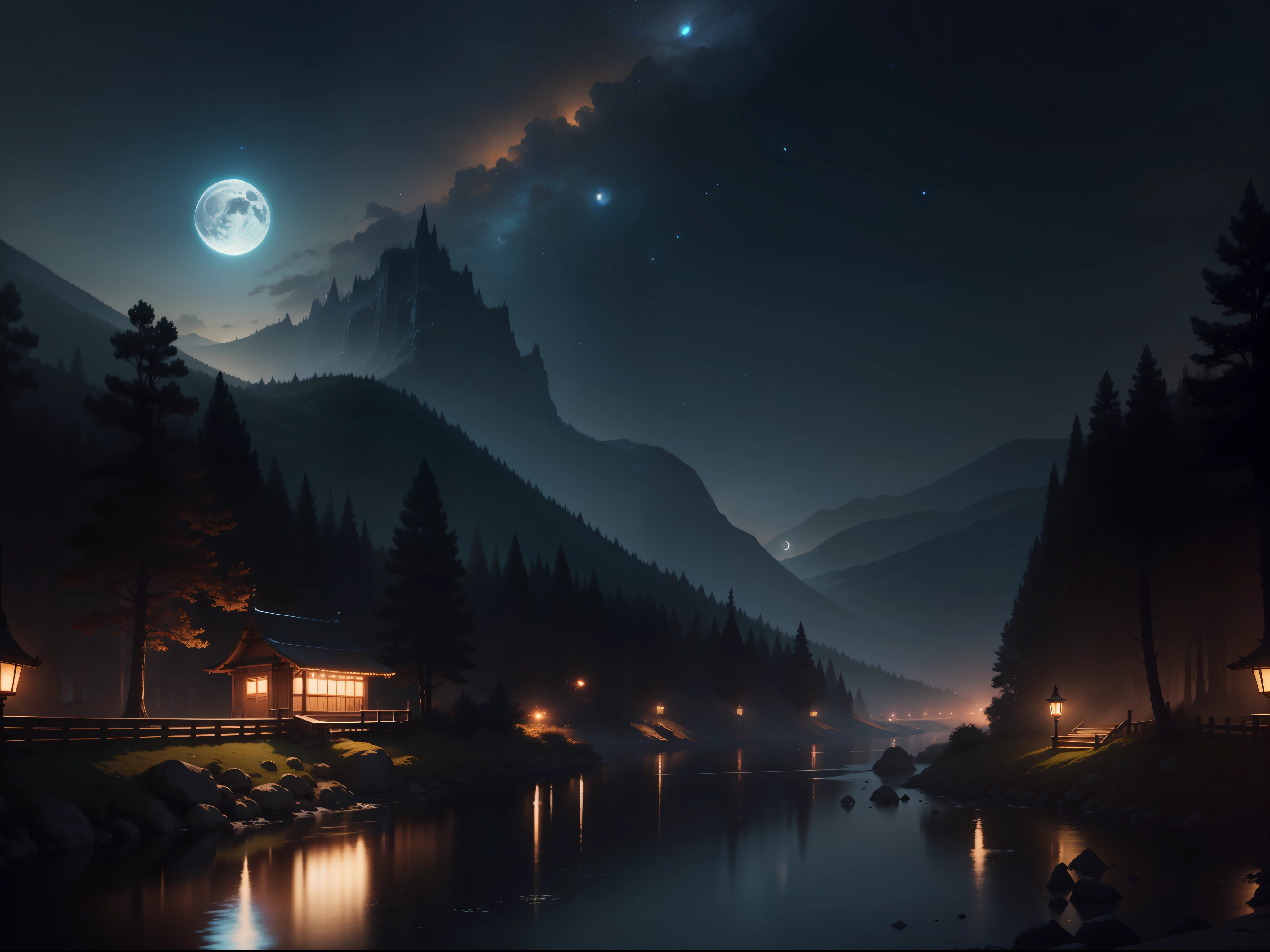 Painting of a river with stars and moon in the sky、Concept art inspired by Mitsuoki Tosa、pixiv contest winners、top-quality、Fantasyart、beautiful anime scene、Bright moon、Moonlit star environment、Dream painting、Anime Background Art、Fantasy landscape art、fantasy knight、anime backgrounds、background artwork、Fantastic art、atmospheric anime、starrysky、Detail has been enhanced。Lots of stars