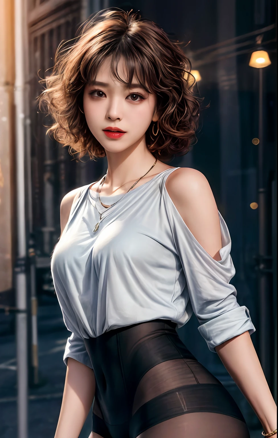 Best quality, Masterpiece, High_Nothing, 1girll, hair adornments, necklace, jewelry, Beautiful face, Tyndall effect, photograph realistic, rim lit, twotonelighting, (highdetailskin:1.2), 8K Ultra HD, Digital SLR, Soft lighting, High quality, voluminetric lighting, candid, photographed, high resolution, 4K, 8K, Bokeh, Medium breasts, Slip tights, Nippur, absurderes, shirt,Short curly hair, hair on shoulders, short fang