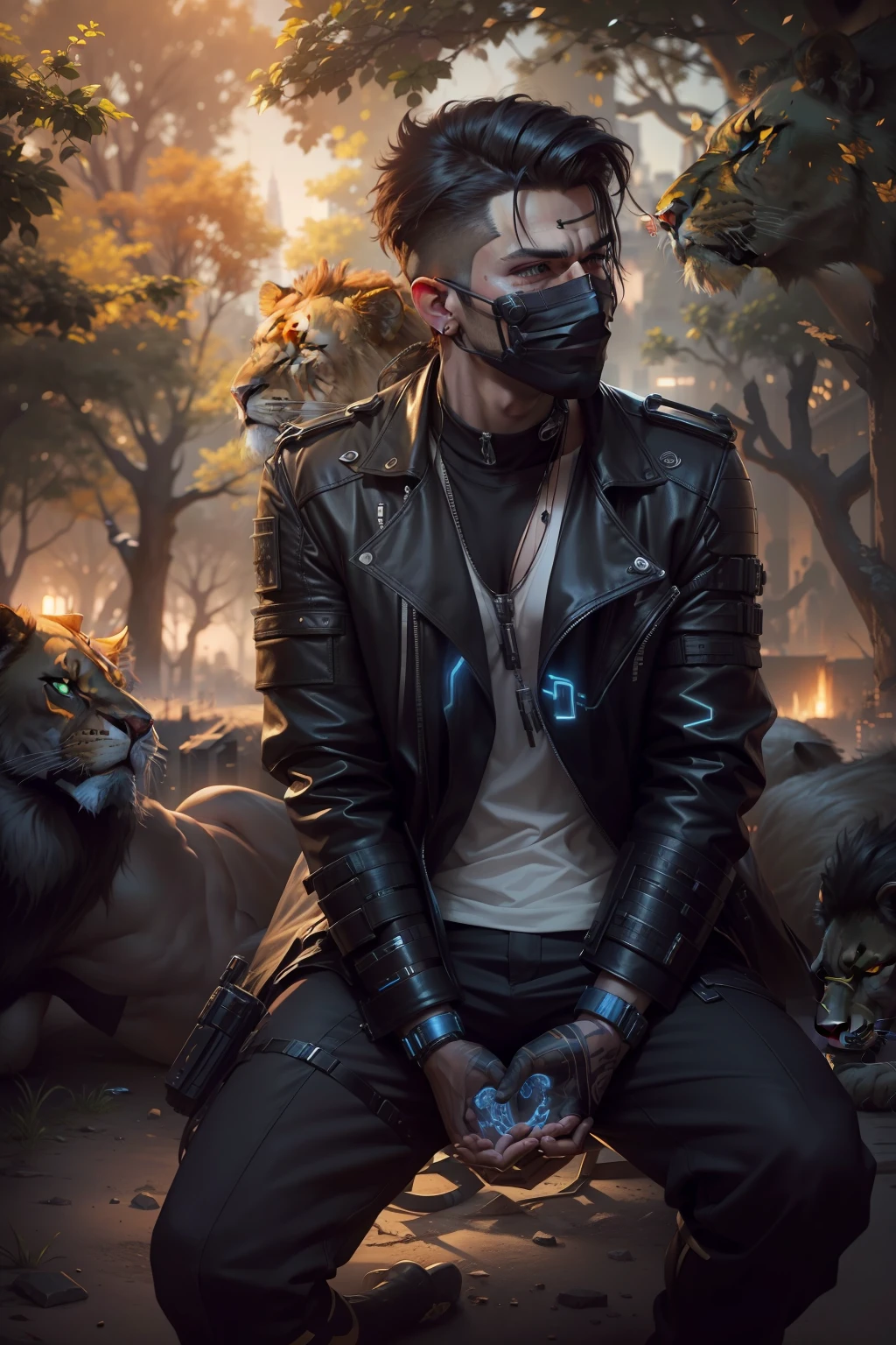 Change background cyberpunk handsome boy. Reallistic face. 8k,ultra realistic. With lion.