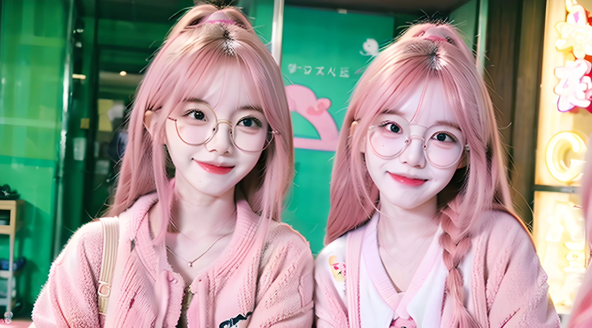Girl with pale pink hair and glasses, kawaii realistic portrait,high quality fanart,commission for high res, Nekomimi, Nyaruko-san, In anime style,kawaii , marin kitagawa fanart, fullbody commission for, Commission on furaffinity, Women in their 20s ,Light pink hair ,streamers, Long layer hairstyles ,looking at the audience ,Middle chest ,Sexy poses ,bestquality ,smirk , 1 girl ,Complete Body Beauty