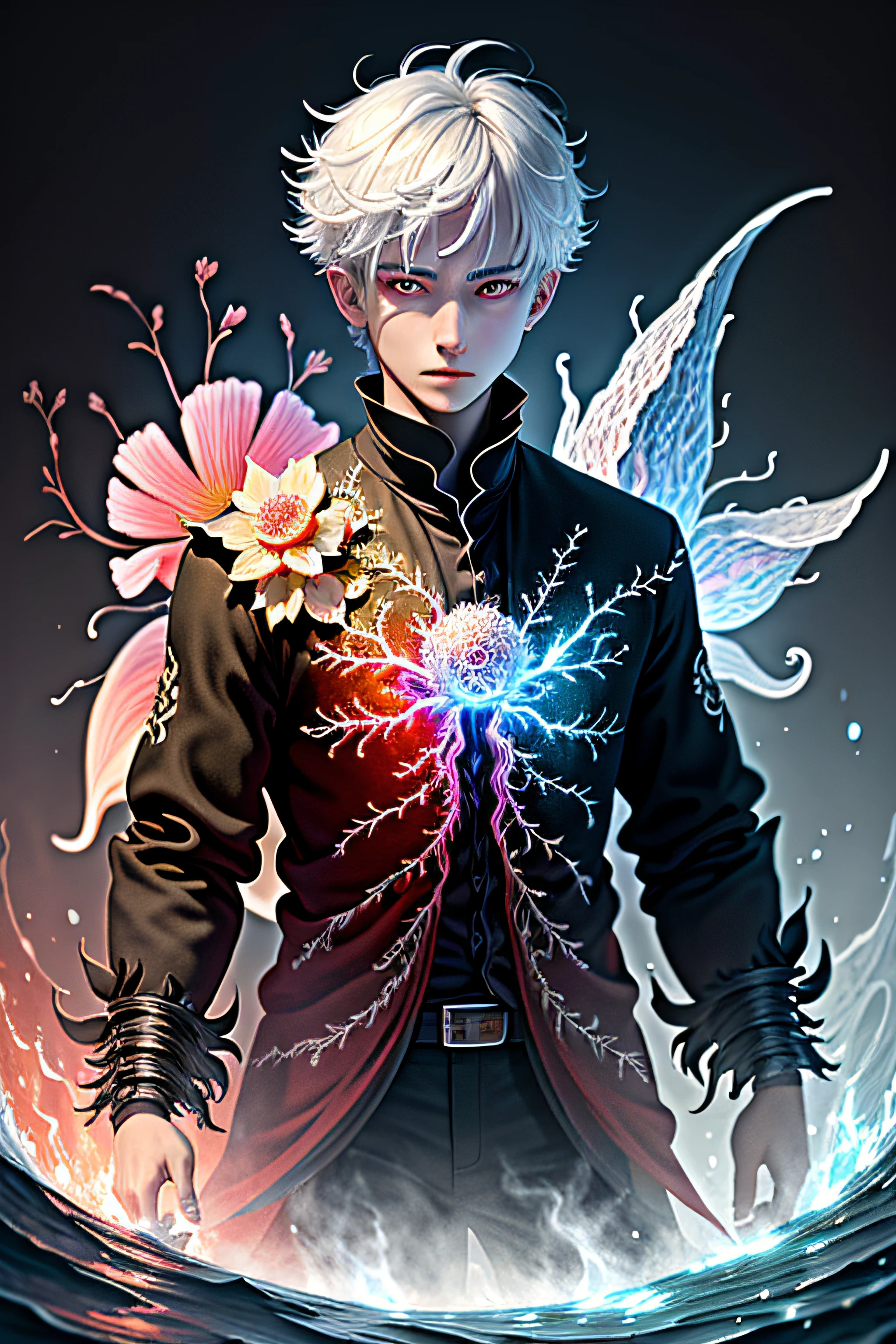 Realistic, (Masterpiece, Top Quality, Best Quality, Official Art, Beauty and Aesthetics: 1.2), Very Detailed, Fractal Art, Colorful, Most Detailed, Zentangle, (Abstract Background: 1.5) (1boy: 1.3), God, White Hair, Short Hair, (Glowing Red Eyes), Mysterious, (Magic), Ice, Handsome Man, ((Other Shore Flower, Garlic)), Yellow Spring, Hell, Soul Ferryman, Ghost