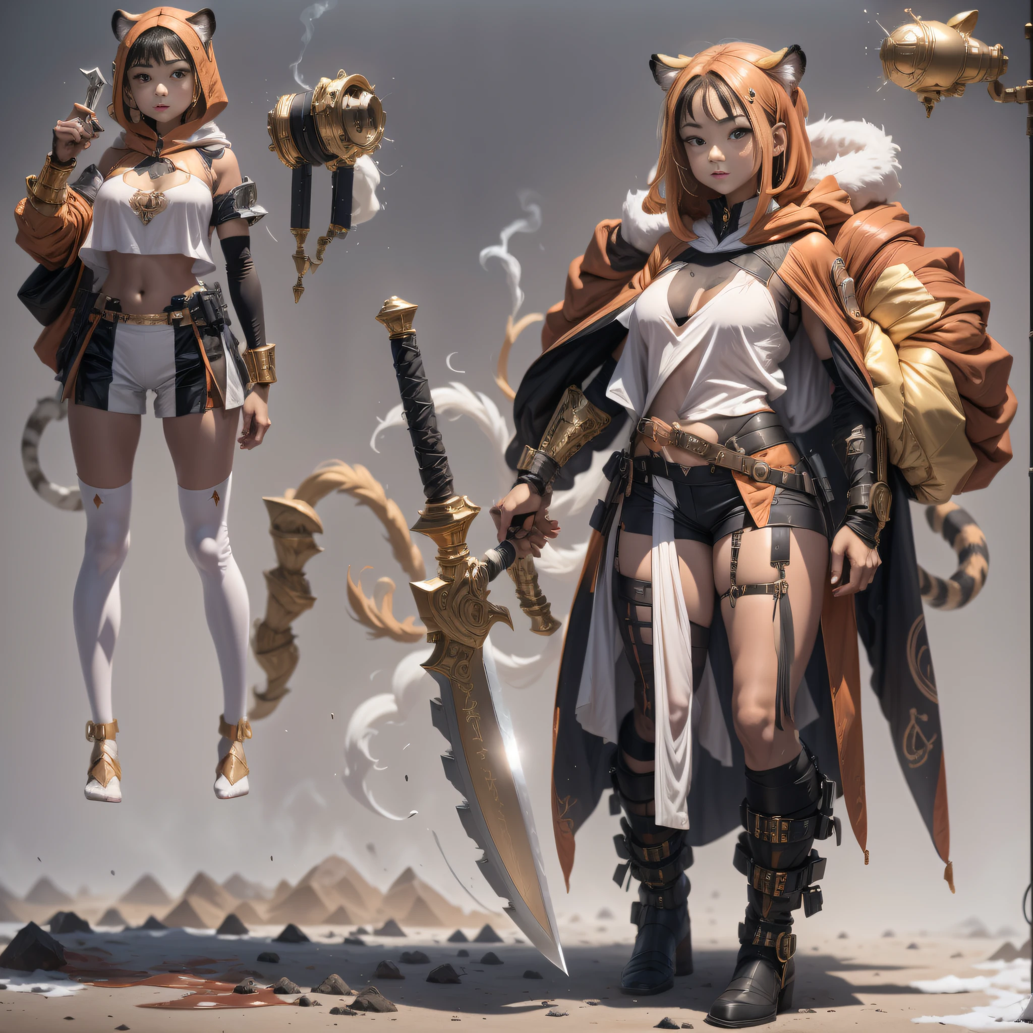 Copper model，Tiger hood， Silver weapons，Half body side， Weapons of the future， 32K, Linen cloak, Top quality, Masterpiece:Faust，,1 child， short detailed hair， thin fog， （tmasterpiece，k hd，hyper HD，16k）,clutching a sword，blood sky， Brunette knife， Shorts smoke， ， 独奏，Ivory white background