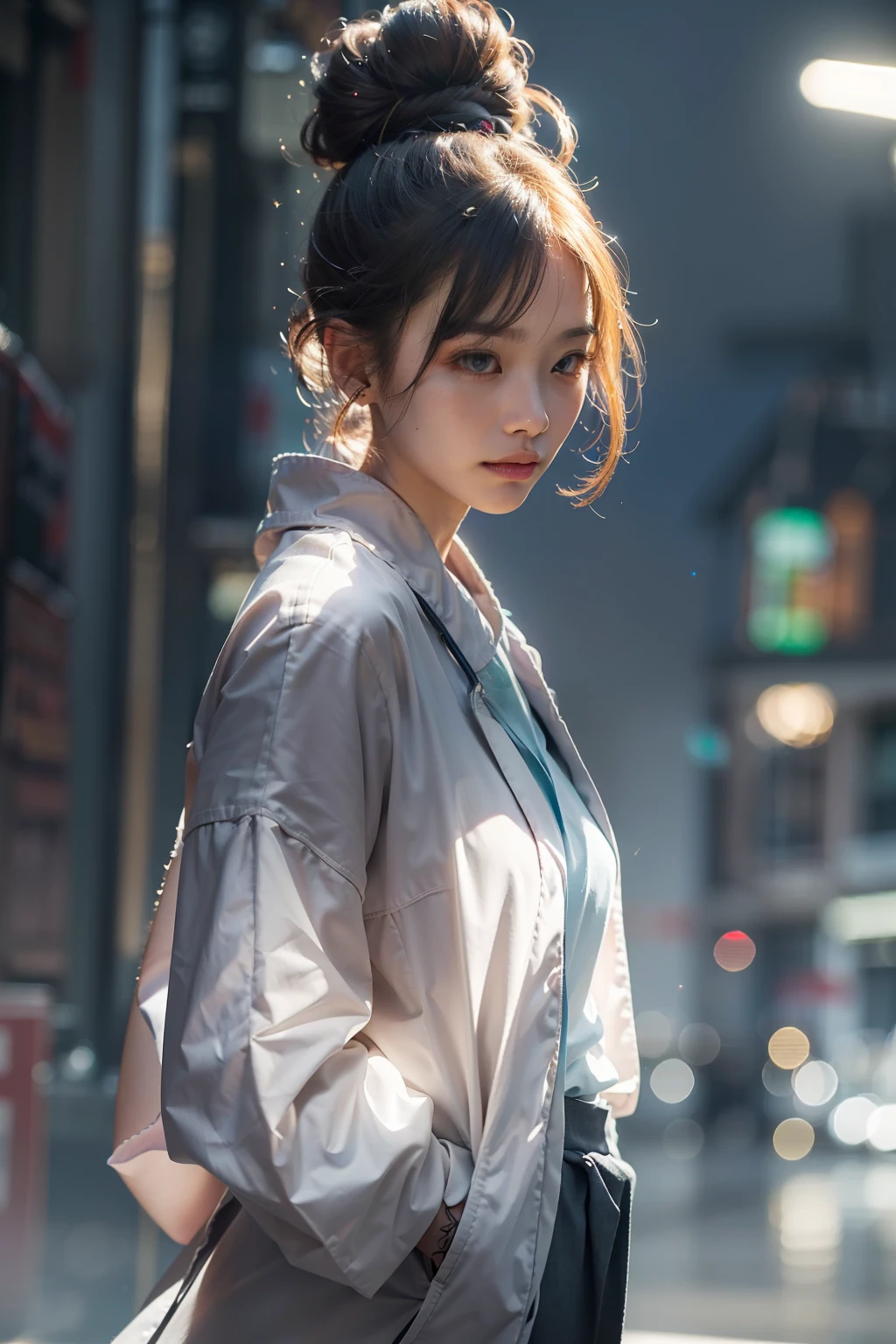 (
(Character: one chinese woman, 40 years old, medical examiner, high bun in the hair, small smile)
(Clothing: medical coat, gray hakama pants, flat shoes)
(Pose: full body shot:1.7, dynamic pose)
(blurry, intense urban lights in background)
(Style: ((masterpiece:1.5)), (face detailed), photo-realistic:1.3, hyperrealistic, foggy, high contrast, shiny skin, soft lighting, backlighting, bloom, light sparkles, chromatic aberration)