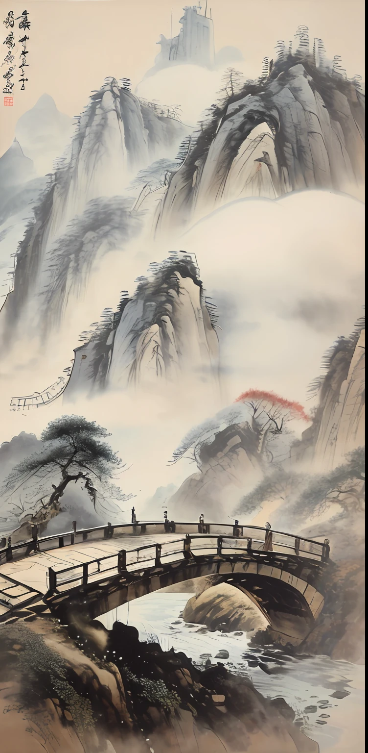 The artistic conception of ancient poetry，song dynasty，mont，scenecy，Skysky，The tree，pines，​​clouds，Song painting，landscape painting，Bridges，waterfallr，pavilion，人物，Chen Shaomei，zhang daqian，A majestic，glorious，There is momentum，filigree，Beautiful artistic conception，vessels，house，Cloud fog，Sea of Clouds，high high quality，Ancient figures，The characters are on the bridge，Far Mountain，surrounded by cloud，villages，Ancient villages，