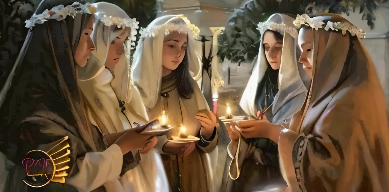 a group of 5 young women holding lit candles in their hands, , beautiful depiction, pintura religiosa, noite escura, meia noite, lua cheia, clear sky without clouds, sombras detalhadas, vestidos detalhados, cabelos detalhados, ultra qualidade, obra de arte, ultra realista, 8k, cena tranquila