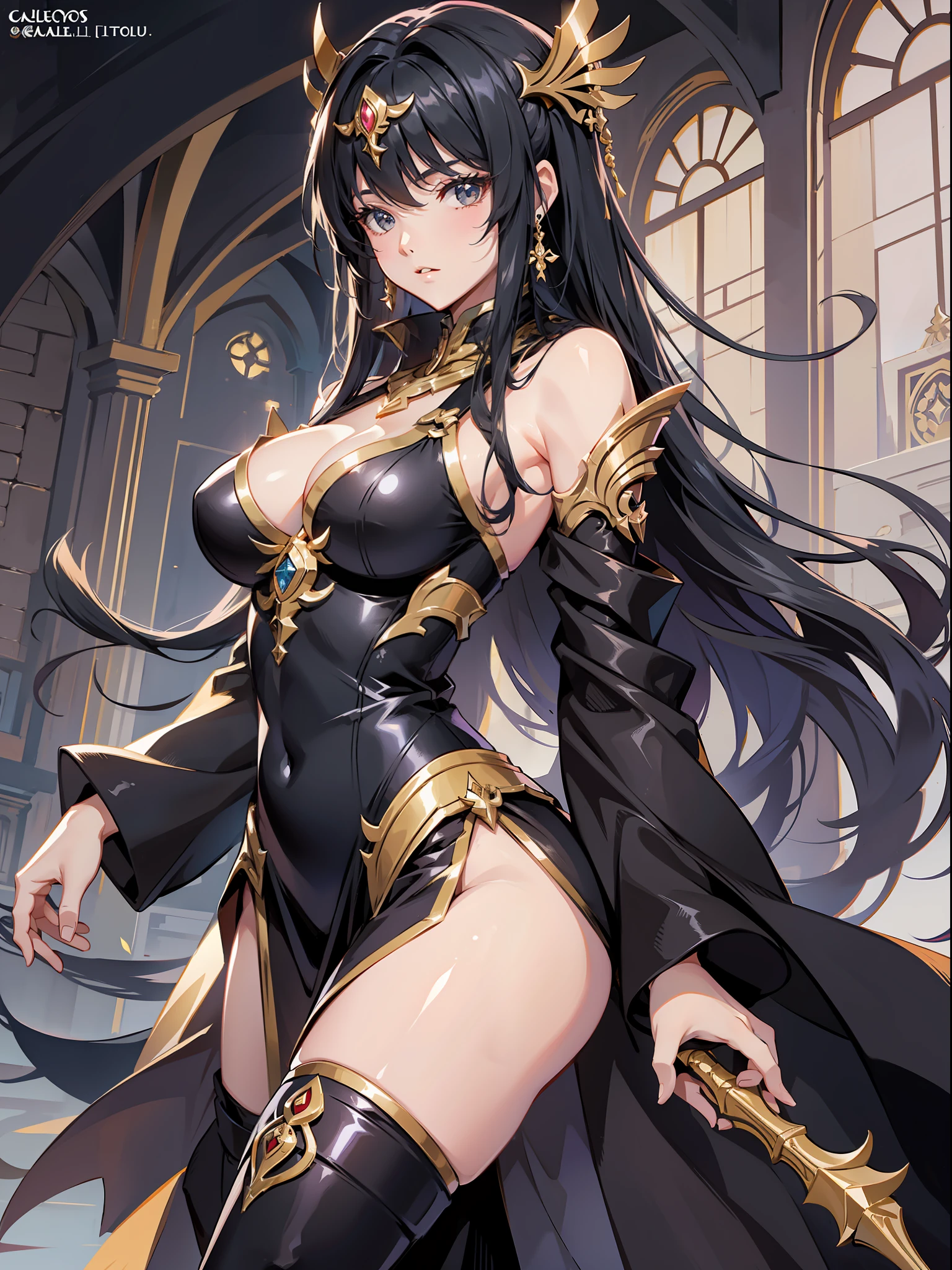 Female Saint Seiya,cabellos largos dorados,Black holy robe,black thigh boots