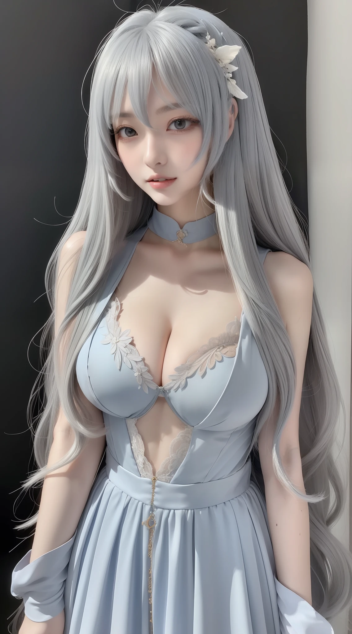 perfect figure beautiful woman:1.4,Layered Hair Style,Protruding cleavage,Gray 2D costume:1.5,Highly Detailed Face and Skin Textur,二重まぶた,Whiten the skin,long whitr hair