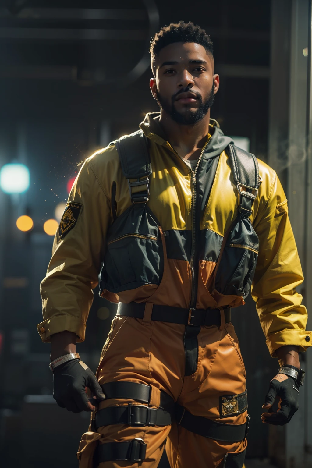 (
(Character: one afro-american man, military, short hair, beard, (athletic body))
(Clothing: yellow mechanic overalls)
(Pose: full body shot:1.7, dynamic pose)
(blurry, intense urban lights in background)
(Style: ((masterpiece:1.5)), (face detailed), photo-realistic:1.3, hyperrealistic, foggy, high contrast, shiny skin, soft lighting, backlighting, bloom, light sparkles, chromatic aberration)