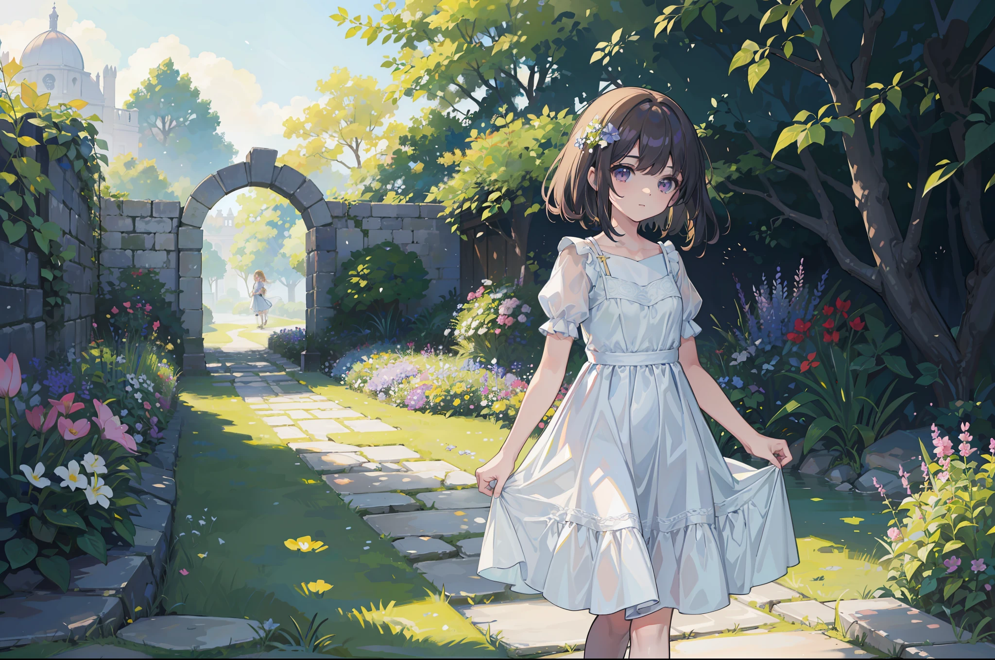 In a beautiful garden, una hermosa joven camina con un vestido corto hasta el muslo con tirantes y de colores llamativos, camina descalza por la hierba, Small flowers are of various colors.  It's a summer day with good light. Una imagen espectacular. (obra maestra) (mejor calidad)
