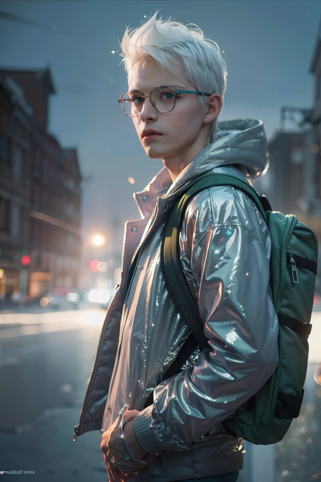 ( 
    (Character: one man, 20 years old, white hair, clean-shaven, slim body)
    (Clothing: mint green coat, glasses, explorer backpack)
    (Pose: full body shot:1.7, dynamic pose)
    (blurry, intense urban lights in background) 
    (Style: ((masterpiece:1.5)), (face detailed), photo-realistic:1.3, hyperrealistic, foggy, high contrast, shiny skin, soft lighting, backlighting, bloom, light sparkles, chromatic aberration)