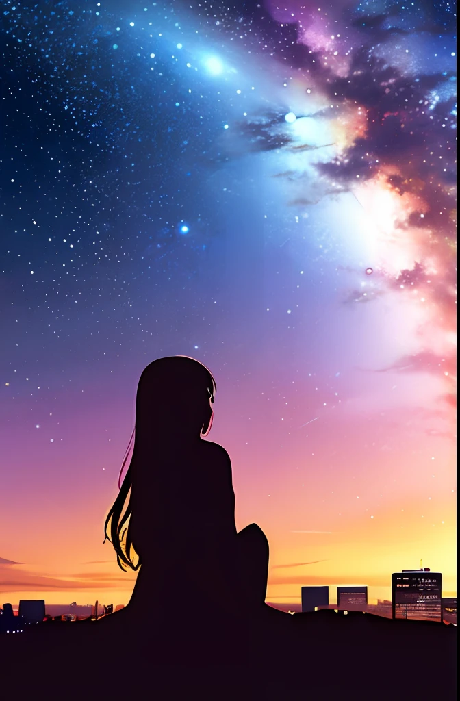 octans, sky, star (sky), scenery, starry sky, night, 1girl, night sky, solo, outdoors, building, cloud, milky way, sitting, tree, long hair, city, silhouette, cityscape