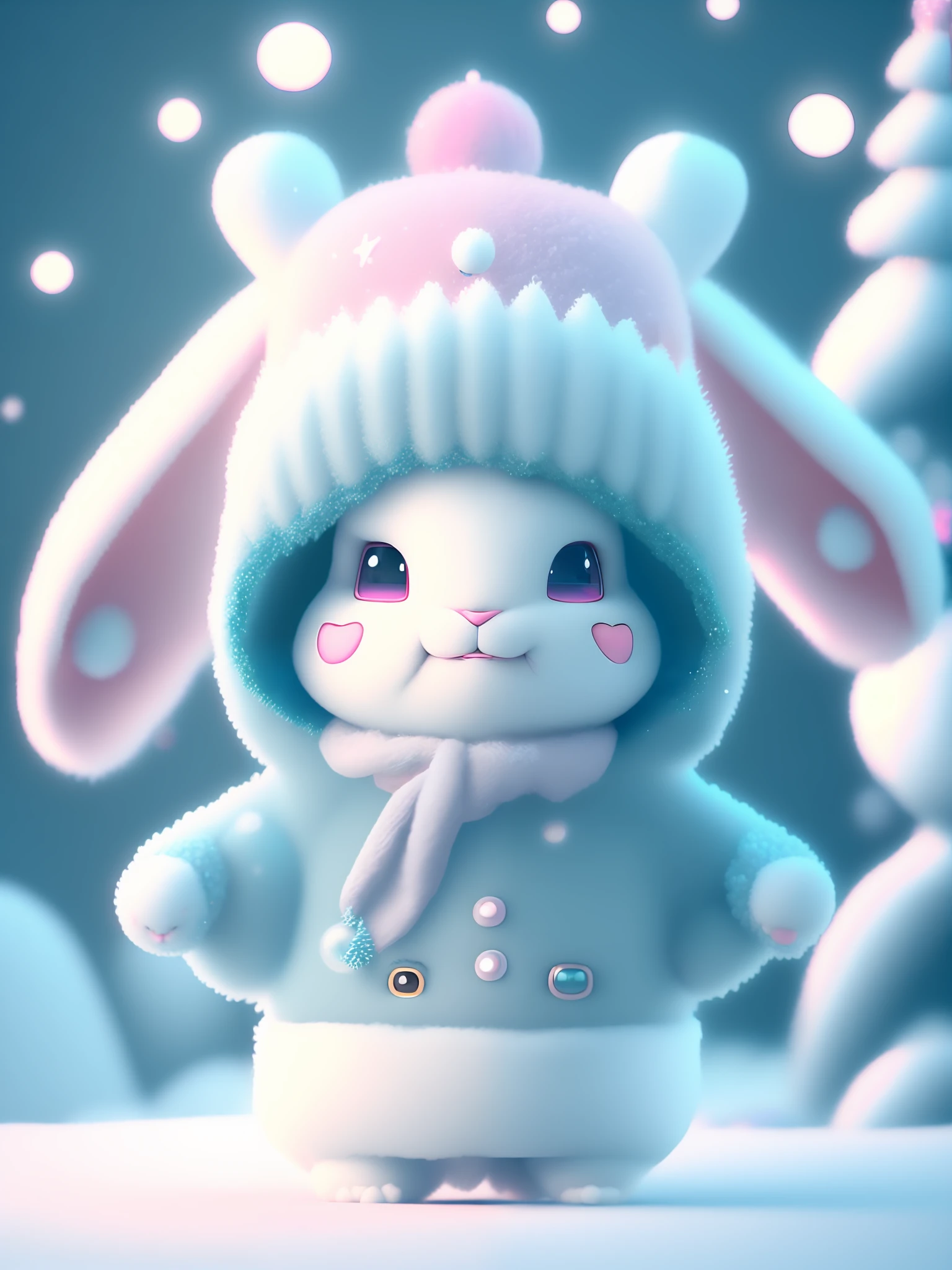 Front view, 3D, in a winter season, small and cute anthropomorphic white rabbit cubs, wearing pink fisherman's hat, soft cyan windbreaker and soft slippers, full body, standing, symmetrical ears, bright big eyes, sweet smiling face, holding glowing glass beads, Christmas scene, fluffy snow, complex furry details, soft movie lighting, 8k, portrait, Pokmon animation style, octane rendering, rendering in the Unreal Engine, high quality