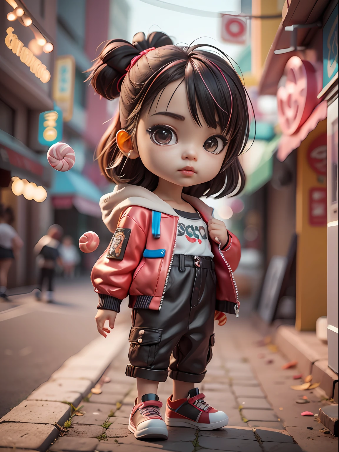 3d toy, 3d rendering, ip, cyberpunk style, chibi, cute  boy, mask, simple background, best quality, c4d, blender, 3D MODEL, TOYS, VIVID COLORS, STREET STYLE, HIGH RESOLUTION, A LOT OF DETAILS, PIXAR, CANDY COLORS, BIG SHOES, FASHION TRENDS, ART