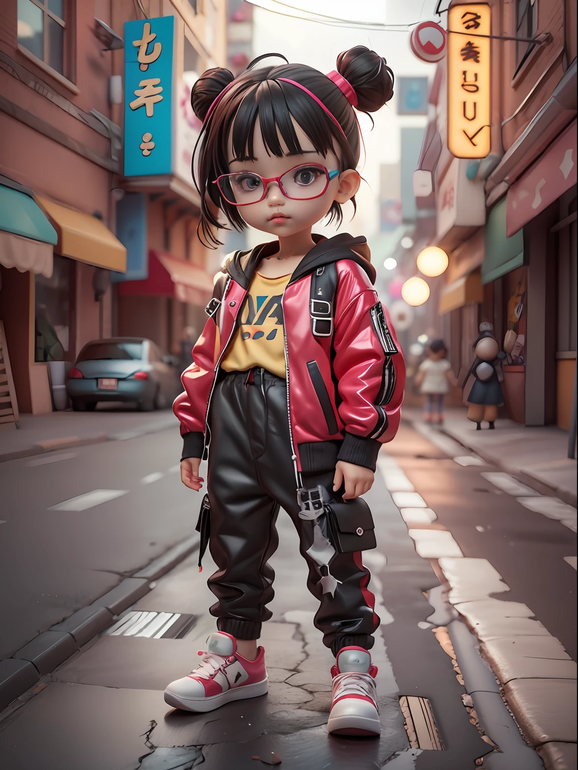 3d toy, 3d rendering, ip, cyberpunk style, chibi, cute **********, mask, simple background, best quality, c4d, blender, 3D MODEL, TOYS, VIVID COLORS, STREET STYLE, HIGH RESOLUTION, A LOT OF DETAILS, PIXAR, CANDY COLORS, BIG SHOES, FASHION TRENDS, ART