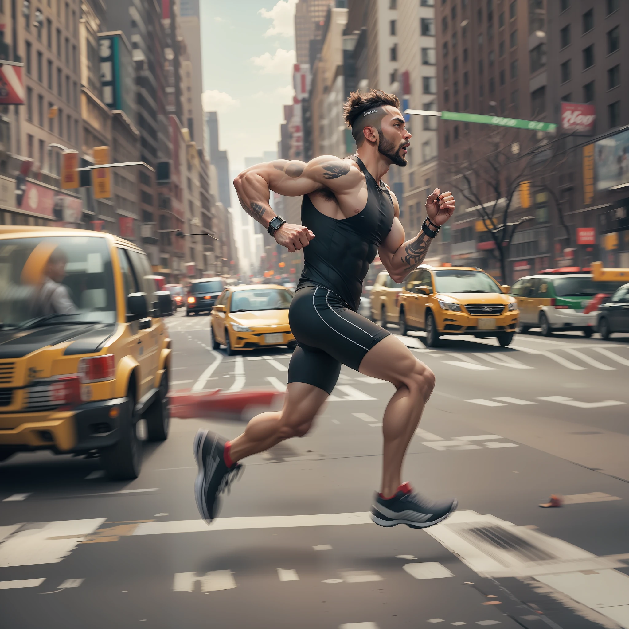 A three-legged man running through New York City at high speed