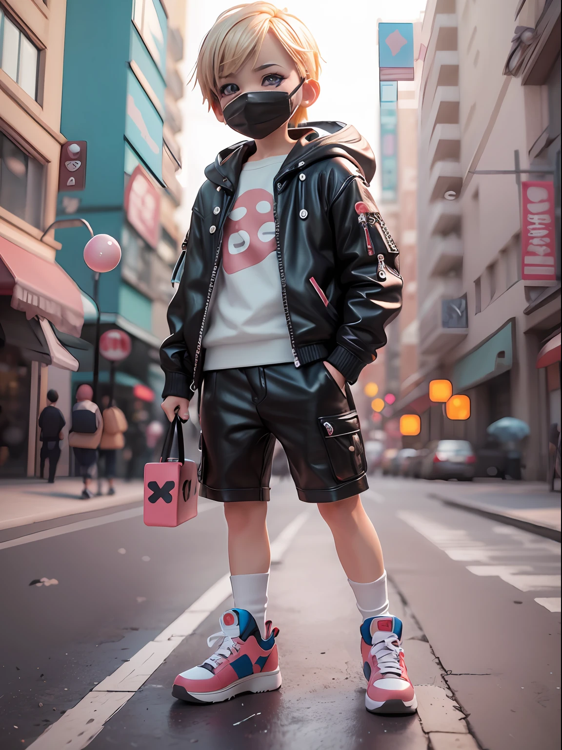 3d toy, 3d rendering, ip, cyberpunk style, chibi, cute  boy, mask, simple background, best quality, c4d, blender, 3D MODEL, TOYS, VIVID COLORS, STREET STYLE, HIGH RESOLUTION, A LOT OF DETAILS, PIXAR, CANDY COLORS, BIG SHOES, FASHION TRENDS, ART