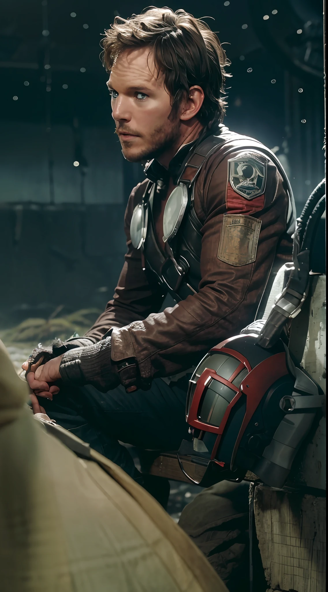 obra-prima, (fotorrealista), (melhor qualidade), beautiful lighting, vida real,
(Peter Quill), (Chris Pratt), Chris Pratt face, marvel pratt solo, cabelo Peter quill, senhor das estrelas (Guardians of the Galaxy), traje espacial amarelo, cabelo castanho, mangas longas, 1boy, holding helmet on mã0, arma futurista, foco masculino, planeta alienigena, oceano, barba, nave interestellar ao fundo, noite, starly sky, alto detalhe, foco nítido, dramatic, bonito , (foto RAW, 8k uhd, grain of film), caustic, espalhamento subsuperficial, reflexions