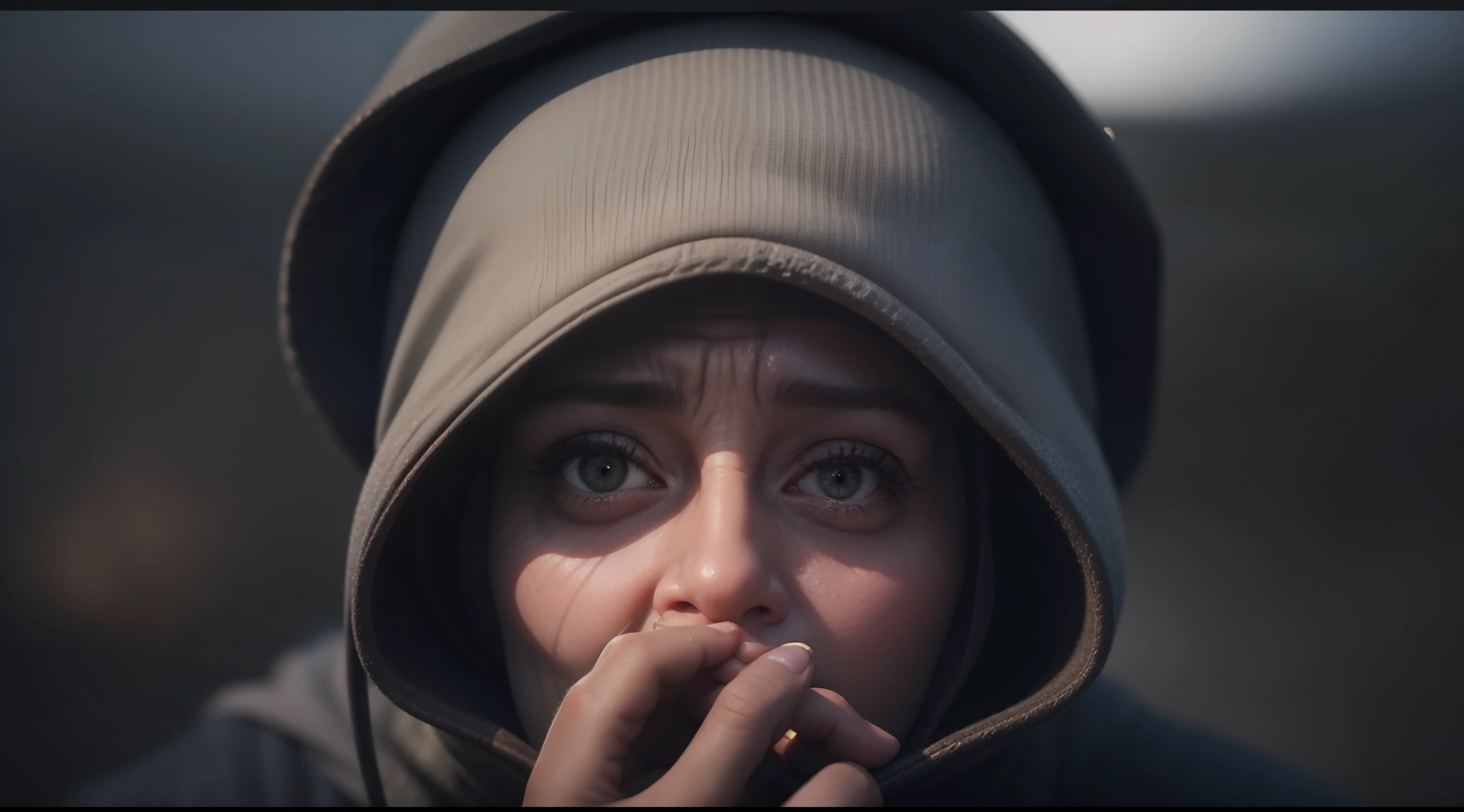 A 50-year-old woman is looking terrified and partially wearing a black hoodie ,rosto cansado, desespero , ao fundo muita neblina e ambiente deserto, apocalipse