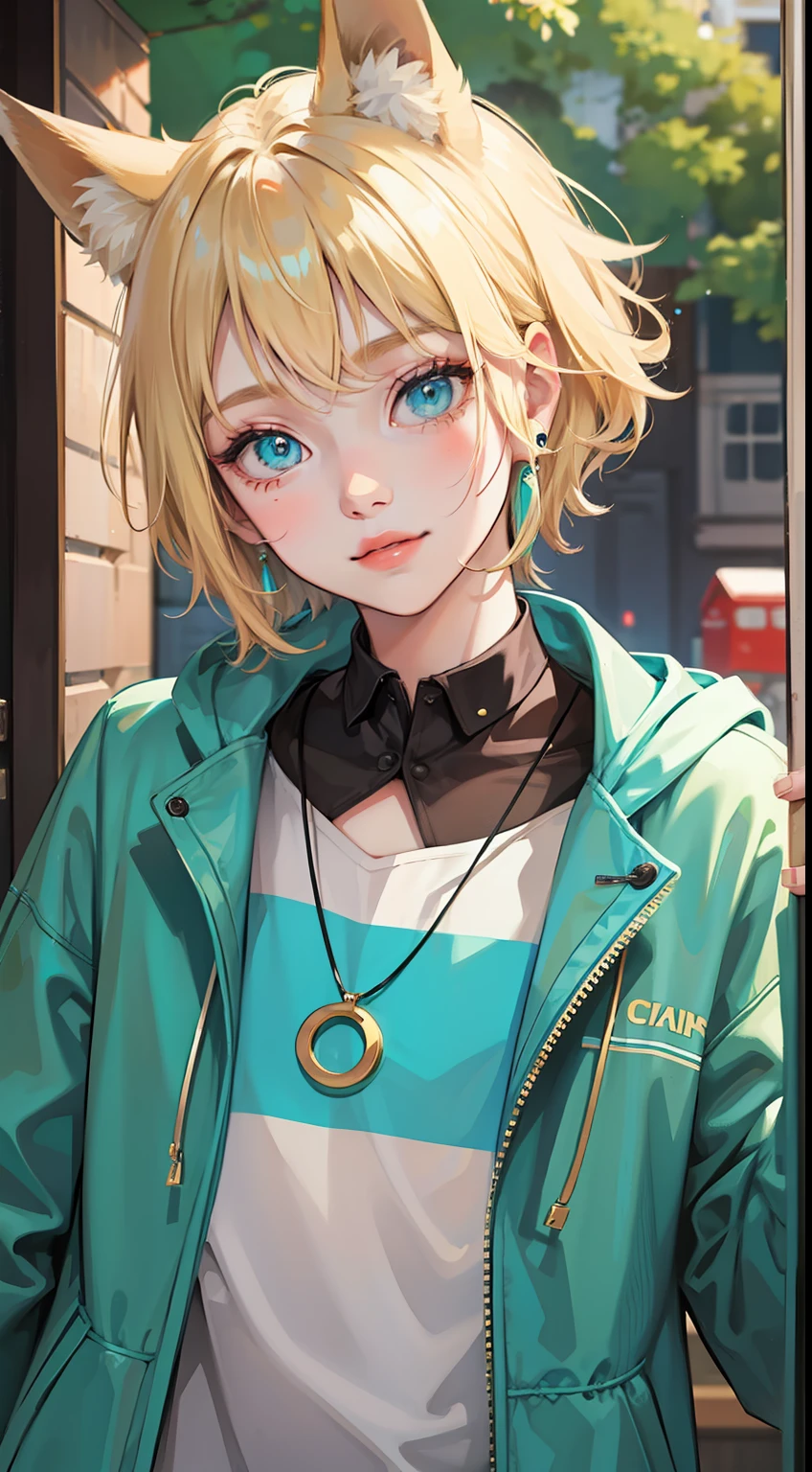 Young guy, short blonde hair, Fox ears, Cyan eyes, pop-idol, ssmile, Masterpiece, hiquality