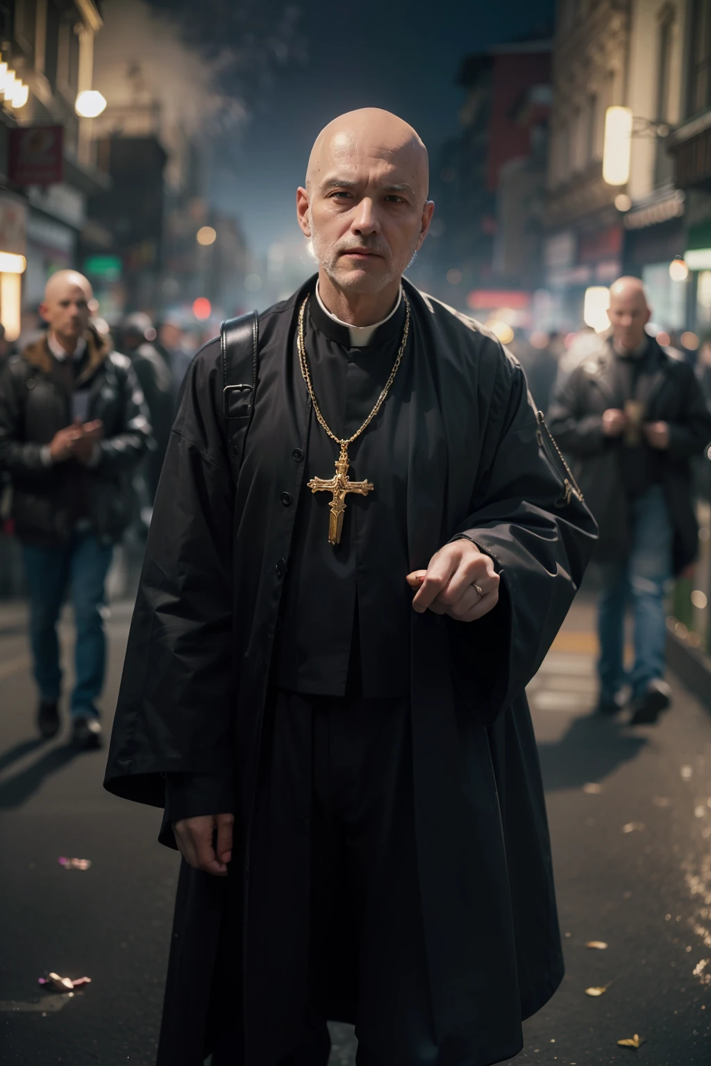 (
(Character: one italian man, 70 years old, exorcist, serious face,bald),(sfw:1.3)
(Clothing: Priest's vest, holding a holy symbols, shoes)
(Pose: full body shot:1.7, dynamic pose)
(blurry, intense urban lights in background)
(Style: ((masterpiece:1.5)), (face detailed), photo-realistic:1.3, hyperrealistic, foggy, high contrast, shiny skin, soft lighting, backlighting, bloom, light sparkles, chromatic aberration)