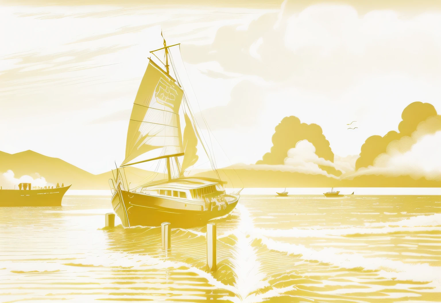 I want the boat to be drawn in line art style, draw the boat with bold net lines, black strokes on a white background
