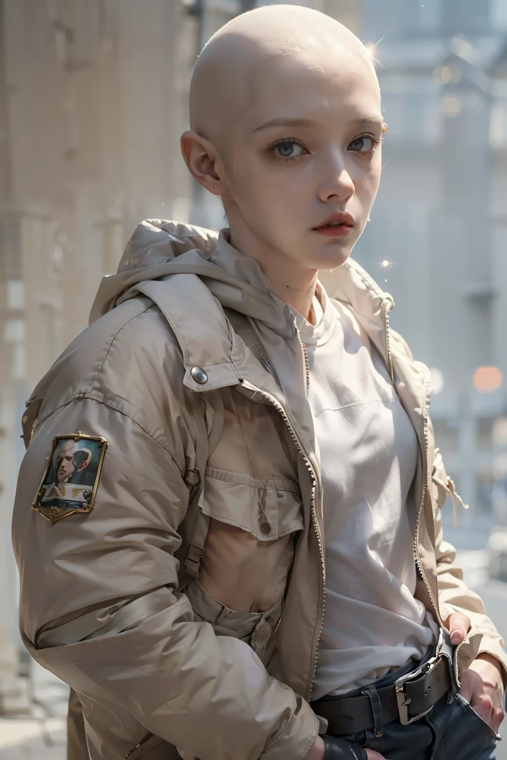 ( 
    (Character: one albino boy, pale skin, bald, shaved hair, scars, lean body)
    (Clothing: beige straightjacket, torn pants, boots)
    (Pose: full body shot:1.7, dynamic pose)
    (blurry, intense urban lights in background) 
    (Style: ((masterpiece:1.5)), (face detailed), photo-realistic:1.3, hyperrealistic, foggy, high contrast, shiny skin, soft lighting, backlighting, bloom, light sparkles, chromatic aberration)