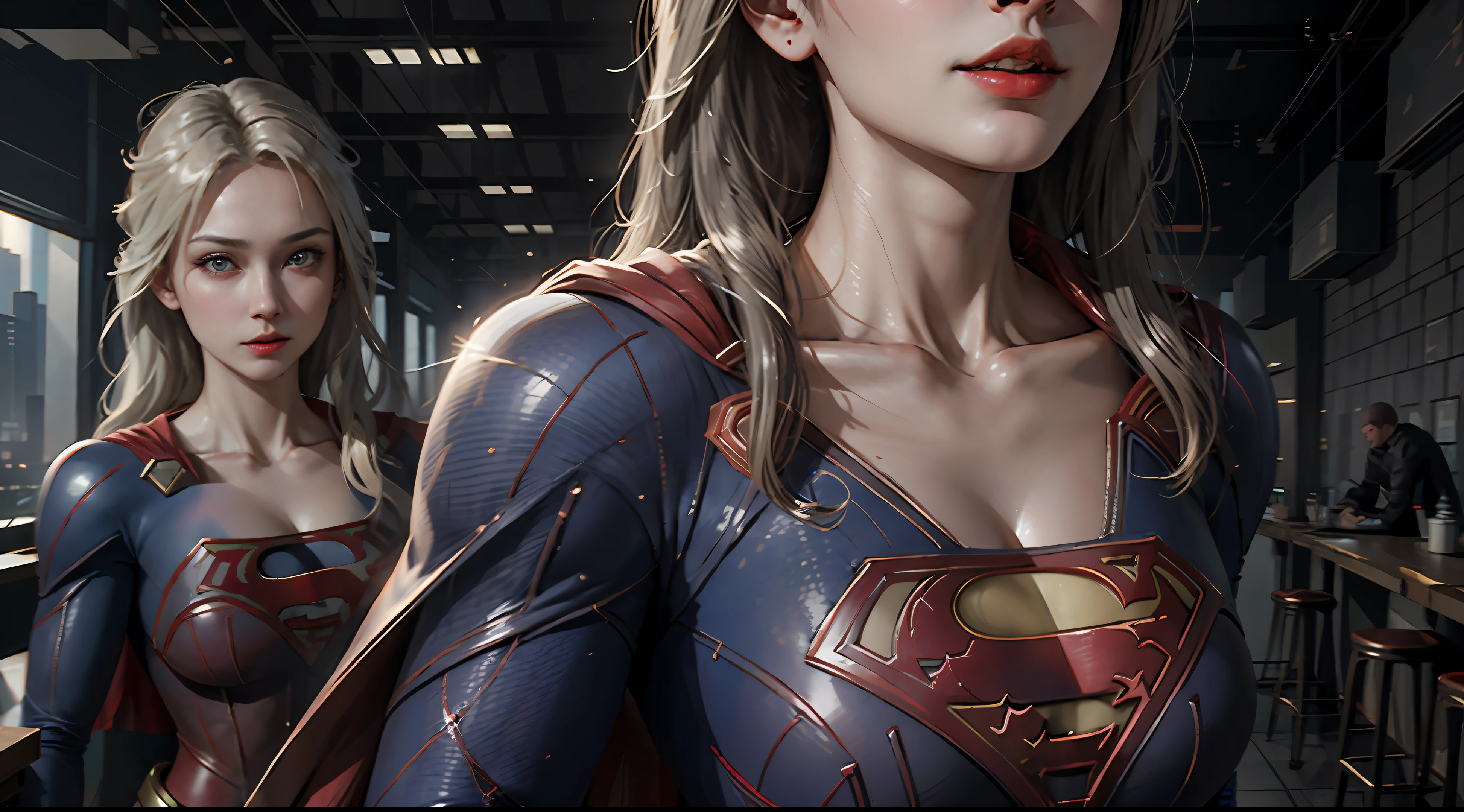 ((Best Supergirl Quality)), ((masterpiece)), (detailed: 1.4), 3D, an image of a beautiful blonde woman with cyberpunk blue eyes,HDR (High Dynamic Range),Ray Tracing,NVIDIA RTX,Super-Resolution,Unreal 5,Subsurface Dispersion, PBR Texture, Post-processing, Anisotropic filtering, Depth of field, Maximum clarity and sharpness, Multilayer textures, Albedo and specular maps, Surface shading, Accurate simulation of light-material interaction, Perfect Proportions, Octane Render, Two-Tone Lighting,Wide Aperture,Low ISO,White Balance,Rule of Thirds,8K RAW, Using Superman S symbol on Chest. Cyberpunk.