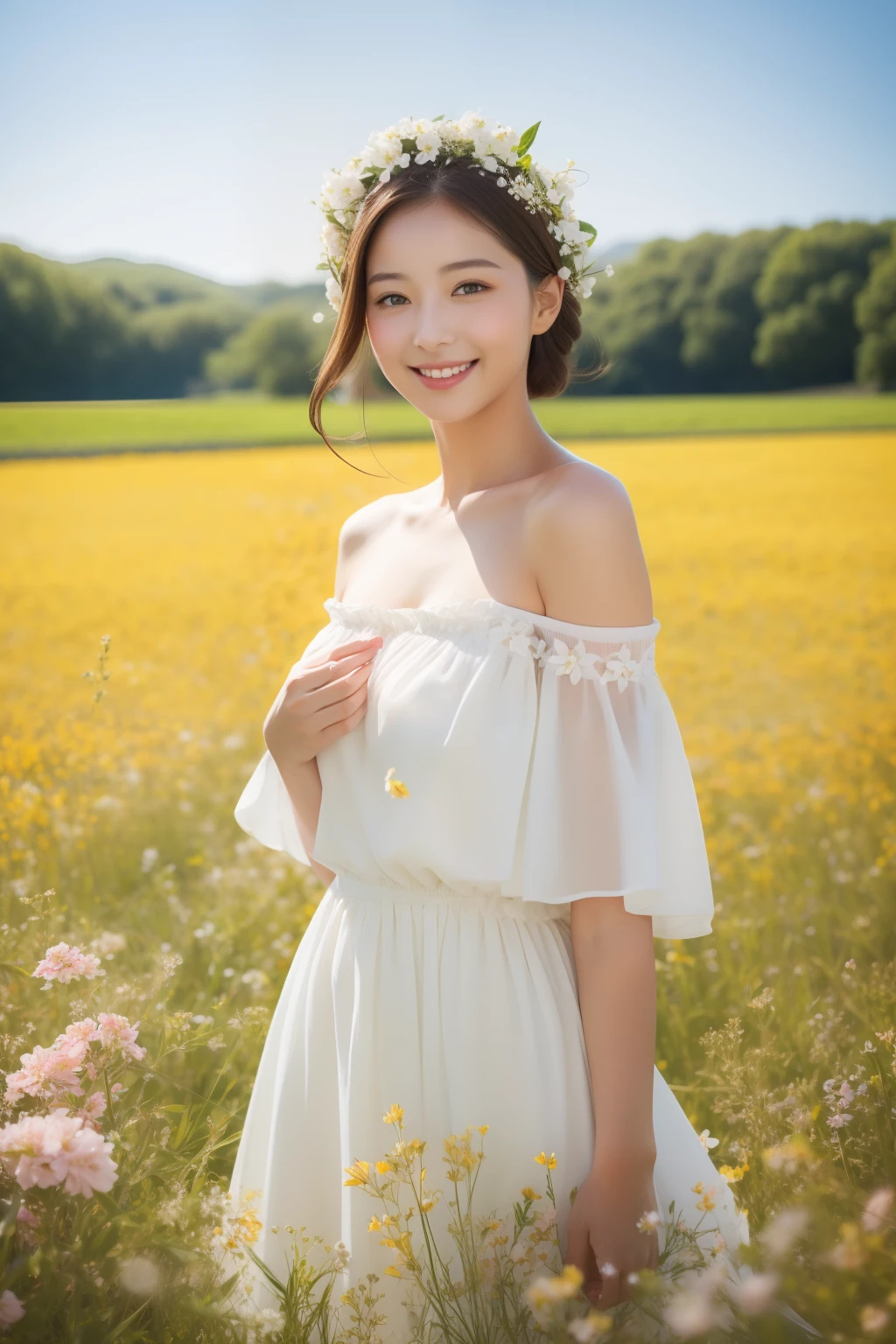 Best quality, masterpiece, ultra high res, (photorealistic:1.4), raw photo, 1girl, white dress, off shoulder, blossom flower field, glowing skin, light smile
