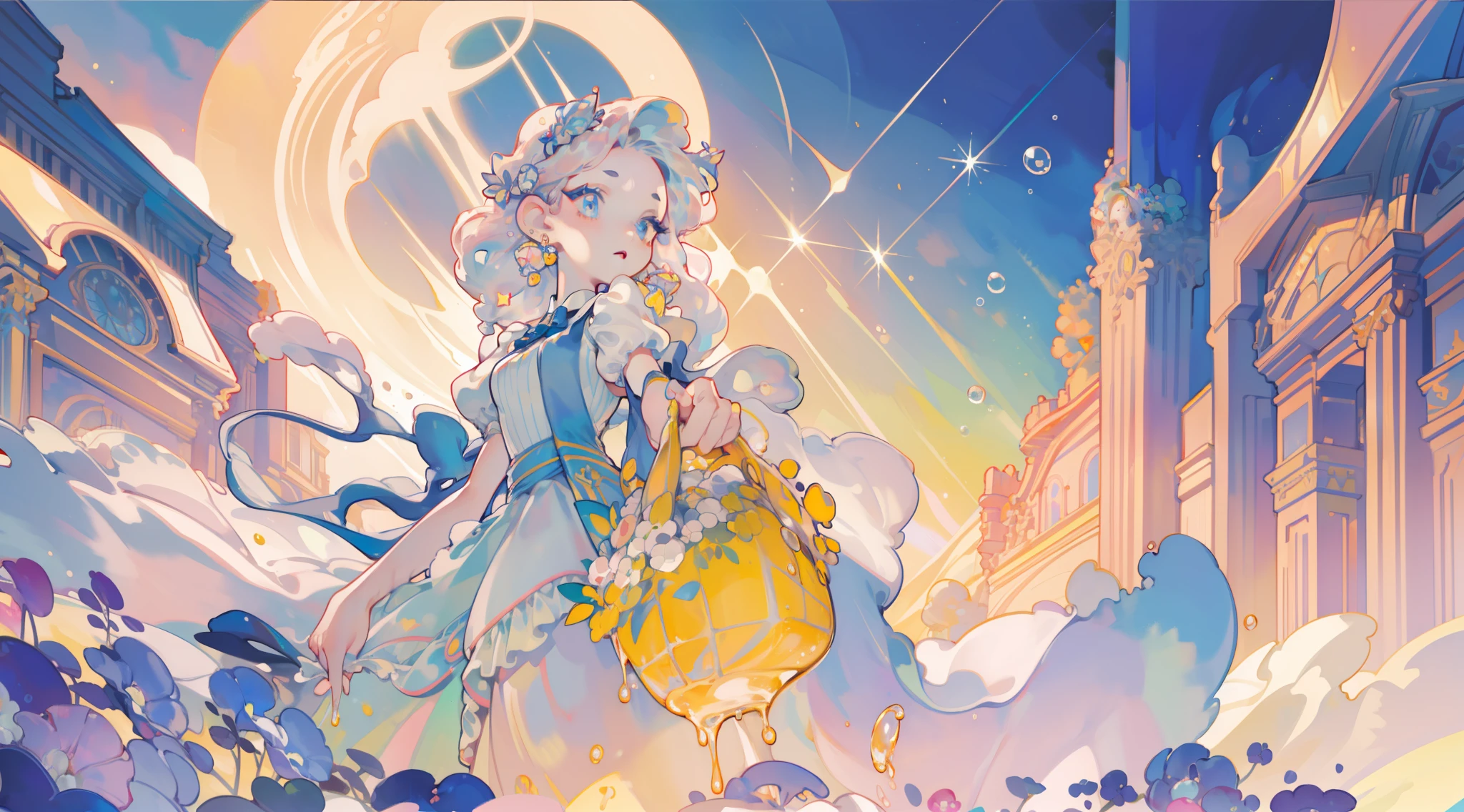 masterpiece, best quality, 8k resolution, sharp focus, intricate detail, beautiful girl, sparkling eyes, golden ratio face, otherworldly liquid, watercolor, ((pastel colors)), bright colors, whimsical, colorful, sharp focus, high resolution, fine detail, ((layered ballgown)), iridescent bubbles