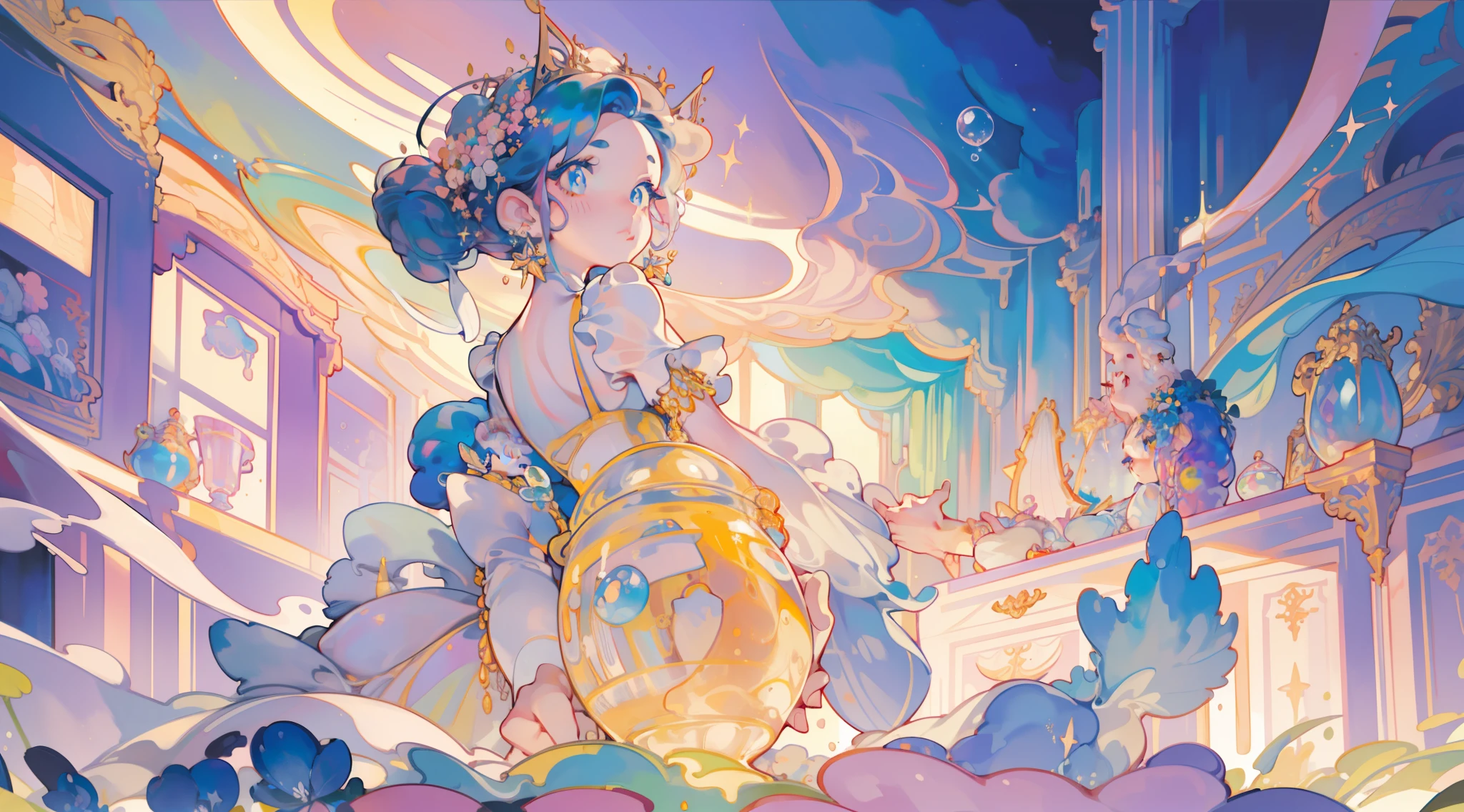 masterpiece, best quality, 8k resolution, sharp focus, intricate detail, beautiful girl, sparkling eyes, golden ratio face, otherworldly liquid, watercolor, ((pastel colors)), bright colors, whimsical, colorful, sharp focus, high resolution, fine detail, ((layered ballgown)), iridescent bubbles