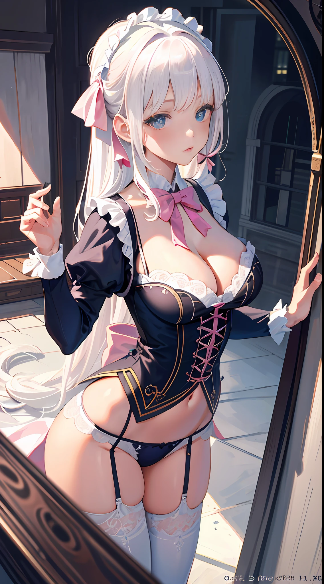 Masterpiece, best quality, super detailed, illustration, medium view, beautiful detailed eyes, ((far view, wide angle 1.31)), on the outside, a girl, white hair, pink bow, blue lingerie, sexy, facing face, big breasts