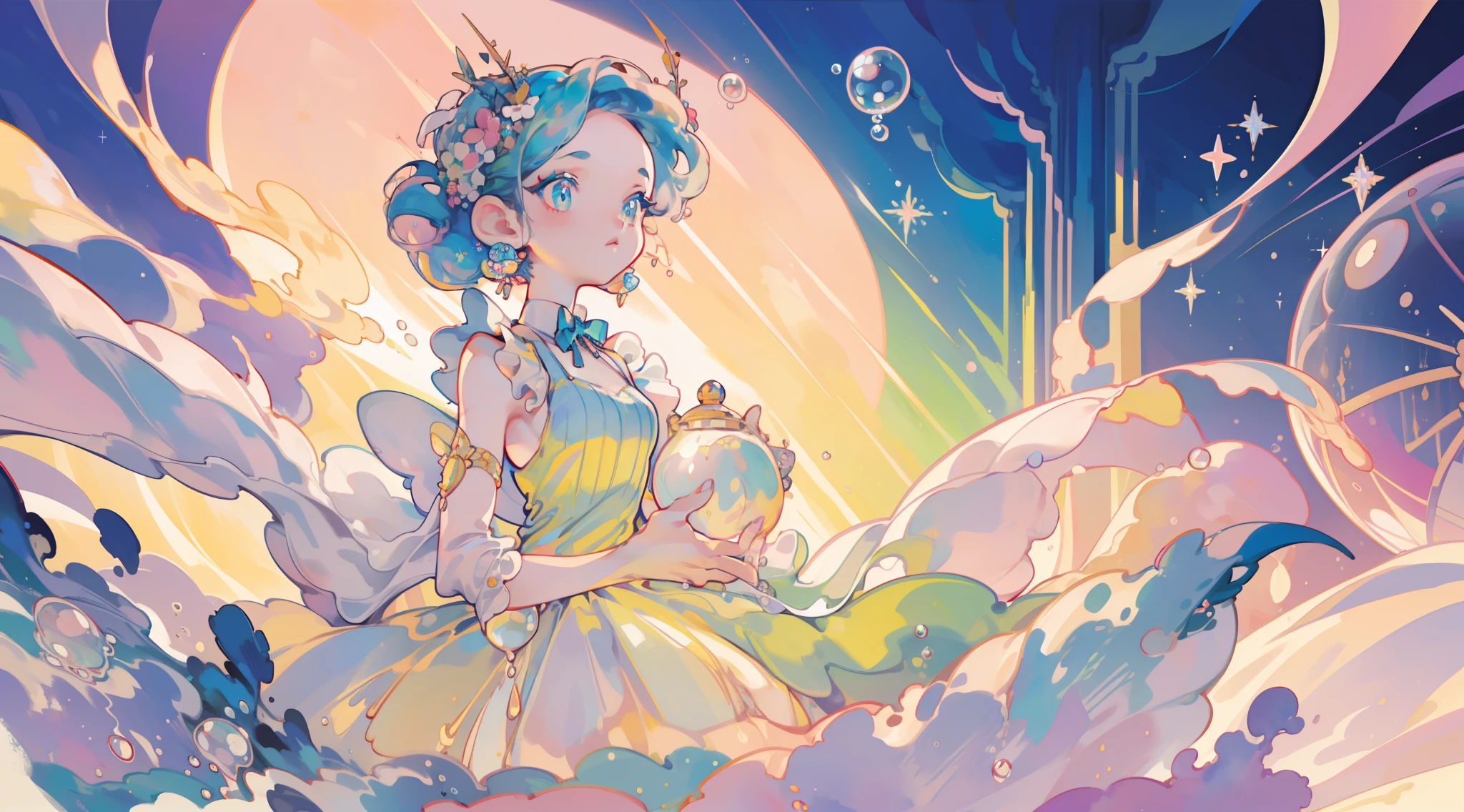 masterpiece, best quality, 8k resolution, sharp focus, intricate detail, beautiful girl, sparkling eyes, golden ratio face, otherworldly liquid, watercolor, ((pastel colors)), bright colors, whimsical, colorful, sharp focus, high resolution, fine detail, ((layered ballgown)), iridescent bubbles