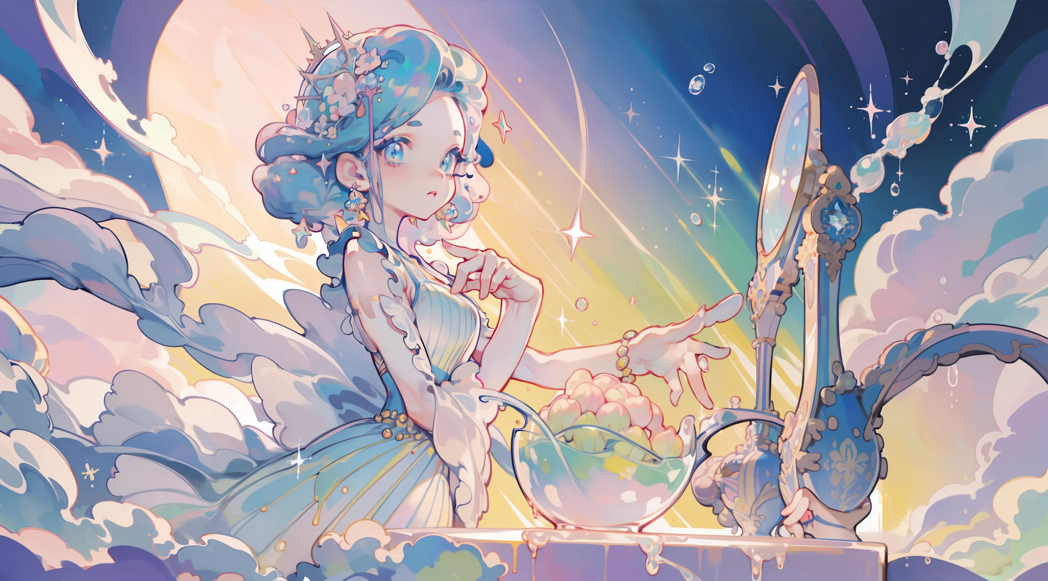 masterpiece, best quality, 8k resolution, sharp focus, intricate detail, beautiful girl, sparkling eyes, golden ratio face, otherworldly liquid, watercolor, ((pastel colors)), bright colors, whimsical, colorful, sharp focus, high resolution, fine detail, ((layered ballgown)), iridescent bubbles
